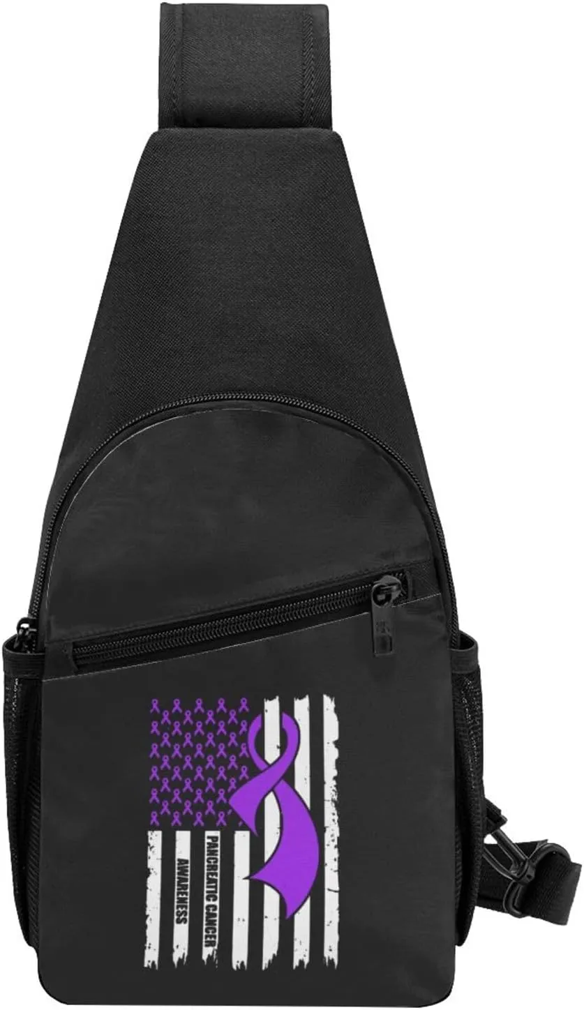 Pancreatic Cancer Awareness America Flag Purple Ribbon Chest Pack Leisure Shoulder Crossbody Chest Bag