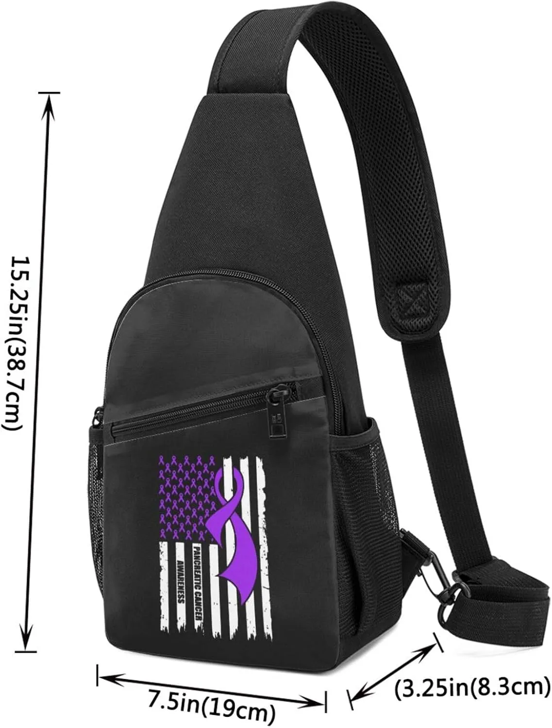 Pancreatic Cancer Awareness America Flag Purple Ribbon Chest Pack Leisure Shoulder Crossbody Chest Bag