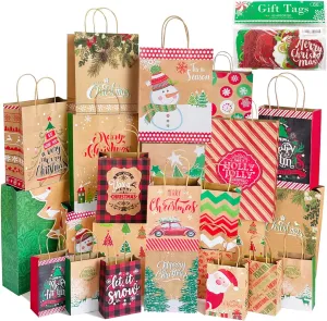 Party Funny 24 Kraft Christmas Gift Paper Bags Bulk with handles and 60 Count Christmas Gift Tags-Assorted sizes set for Wrapping Xmas Holiday Presents(6 Jumbo,6 Large,6 Medium,6 Small)