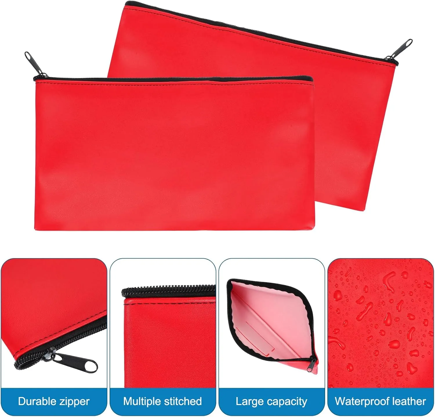 PATIKIL 11"x 6" Bank Deposit Bag, 4Pcs Money Bag Bank Bag Security Money Pouch Receipt Holder for Tickets Coin Makeup Cosmetics Bills, Bright Red