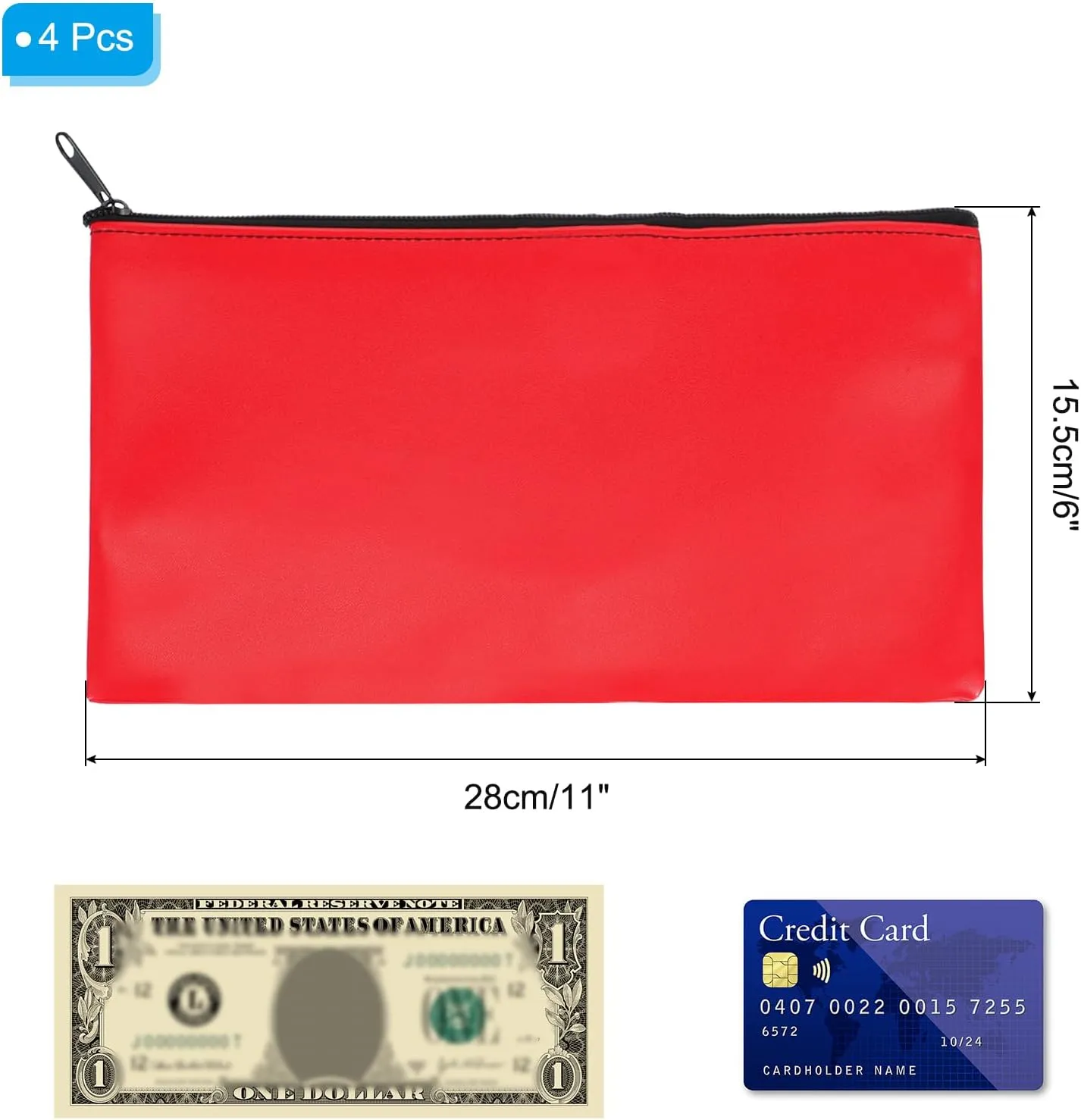 PATIKIL 11"x 6" Bank Deposit Bag, 4Pcs Money Bag Bank Bag Security Money Pouch Receipt Holder for Tickets Coin Makeup Cosmetics Bills, Bright Red