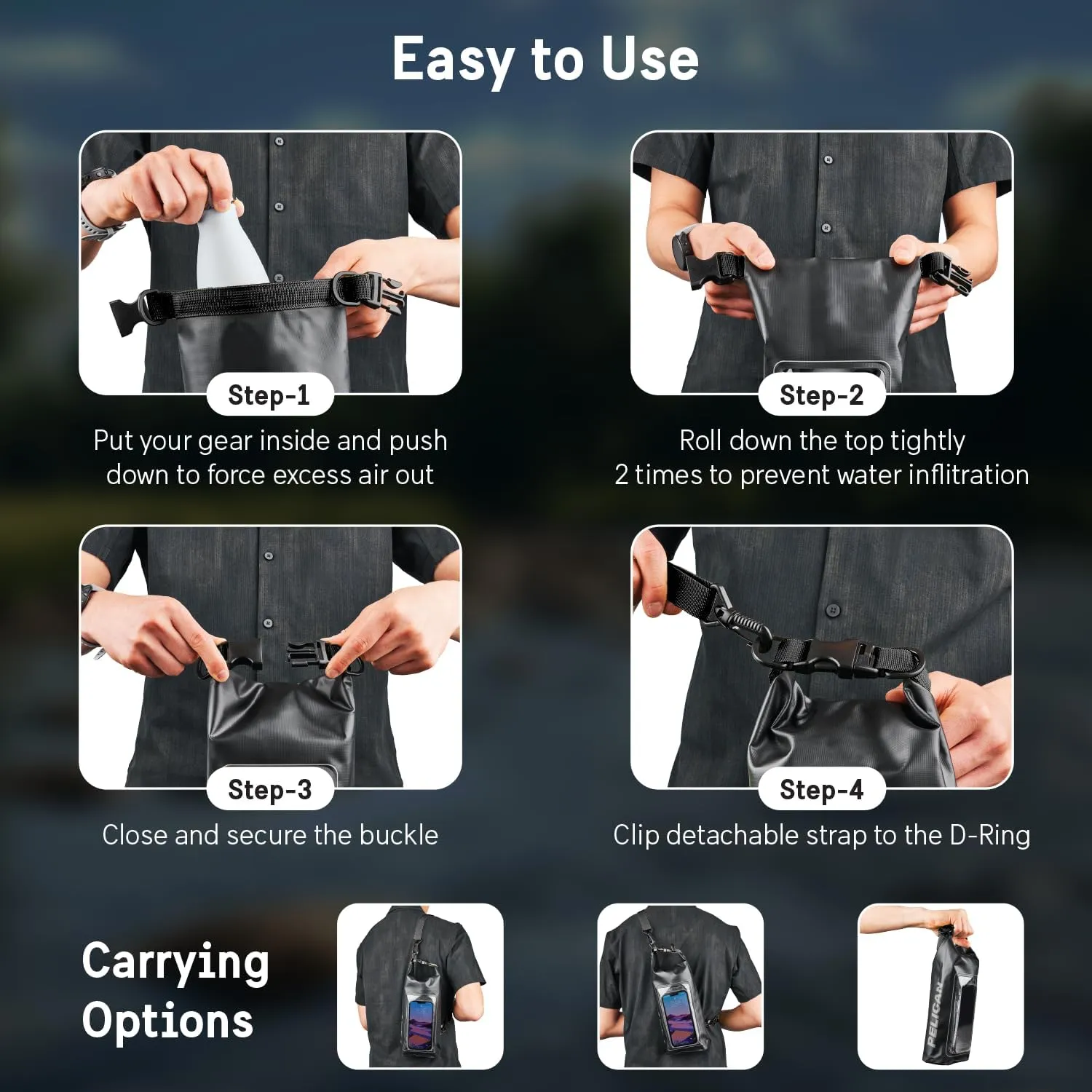 Pelican Marine IP68 Waterproof Dry Bag 2L - Roll Top Waterproof Backpack w/ Phone Case / Pouch - Boating & Kayak Accessories - Essentials for Camping Swimming Beach Fishing Rafting Travel - Black