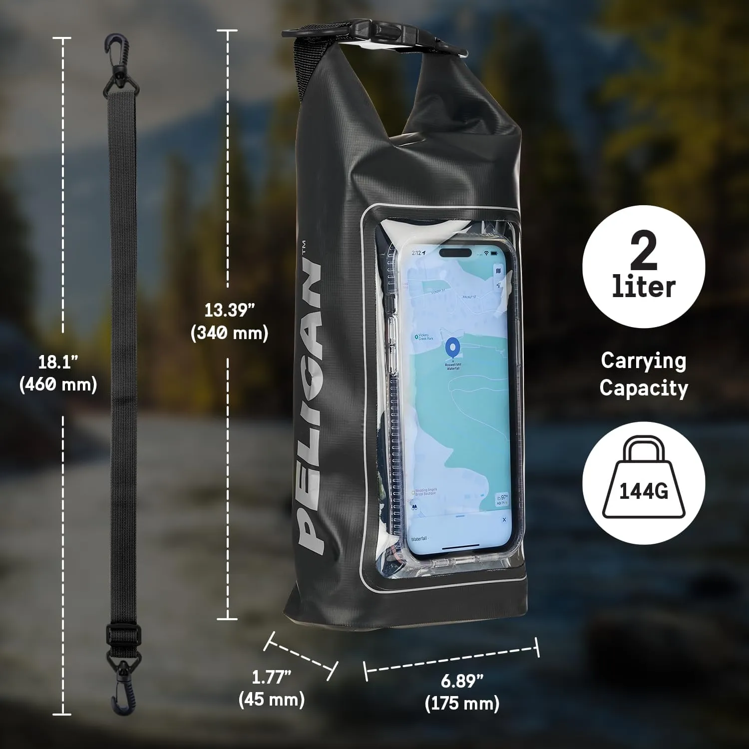 Pelican Marine IP68 Waterproof Dry Bag 2L - Roll Top Waterproof Backpack w/ Phone Case / Pouch - Boating & Kayak Accessories - Essentials for Camping Swimming Beach Fishing Rafting Travel - Black
