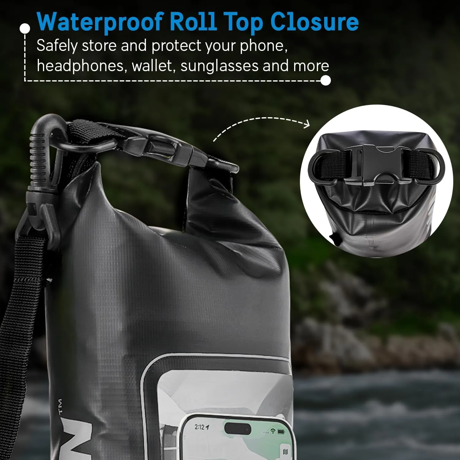 Pelican Marine IP68 Waterproof Dry Bag 2L - Roll Top Waterproof Backpack w/ Phone Case / Pouch - Boating & Kayak Accessories - Essentials for Camping Swimming Beach Fishing Rafting Travel - Black
