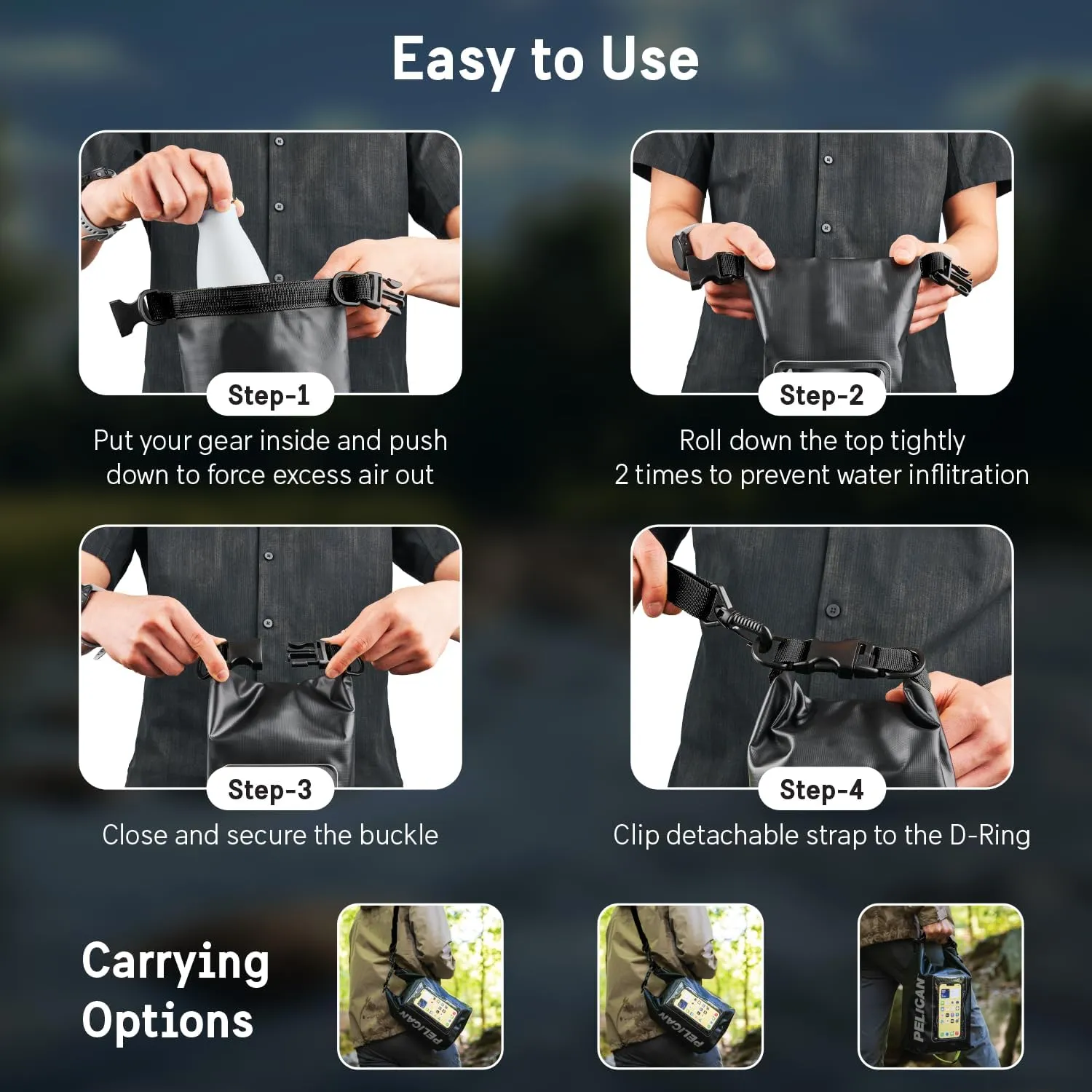 Pelican Marine IP68 Waterproof Dry Bag 5L - Roll Top Waterproof Backpack w/Phone Case/Pouch - Boating & Kayak Accessories - Essentials for Camping Swimming Beach Fishing Rafting Travel - Black