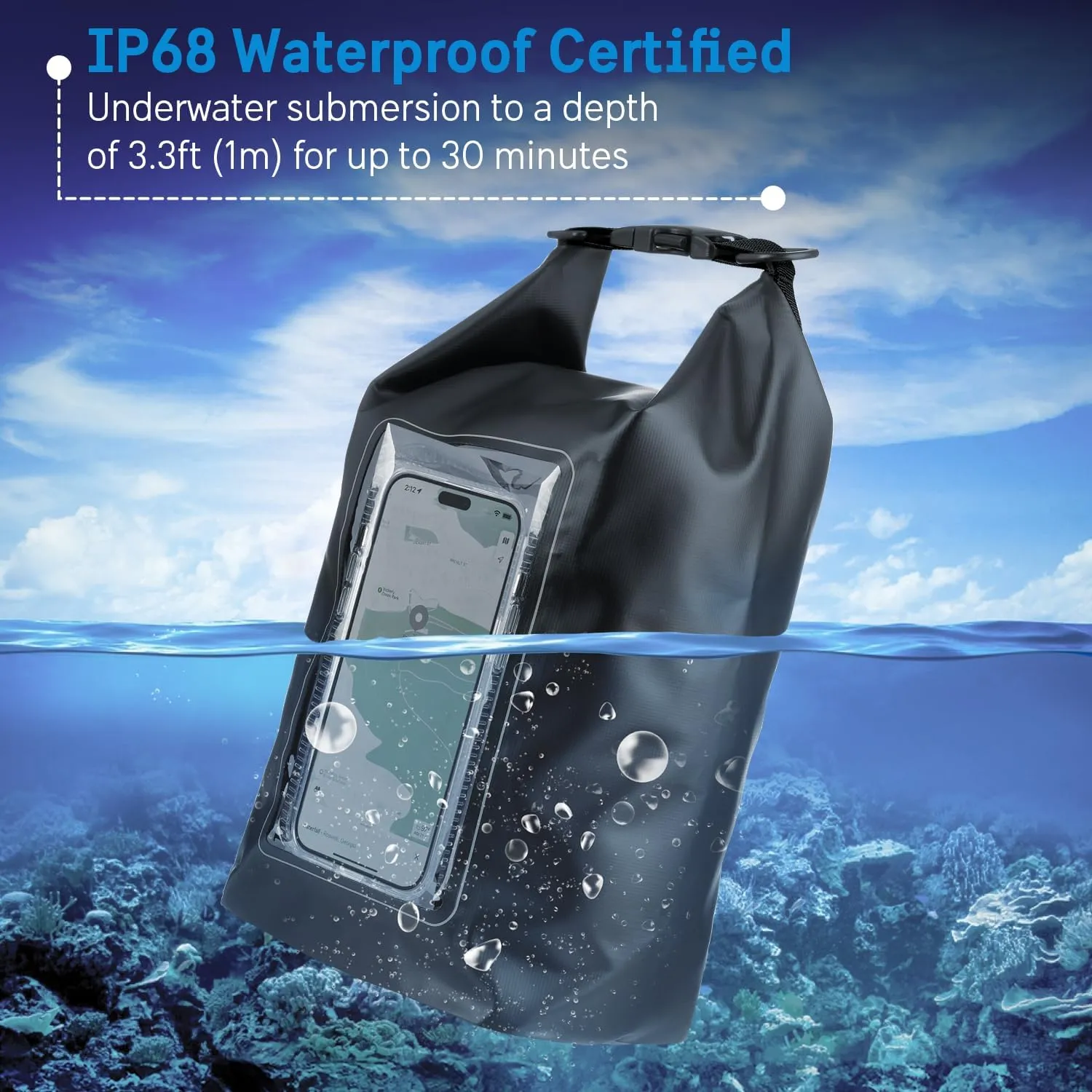 Pelican Marine IP68 Waterproof Dry Bag 5L - Roll Top Waterproof Backpack w/Phone Case/Pouch - Boating & Kayak Accessories - Essentials for Camping Swimming Beach Fishing Rafting Travel - Black