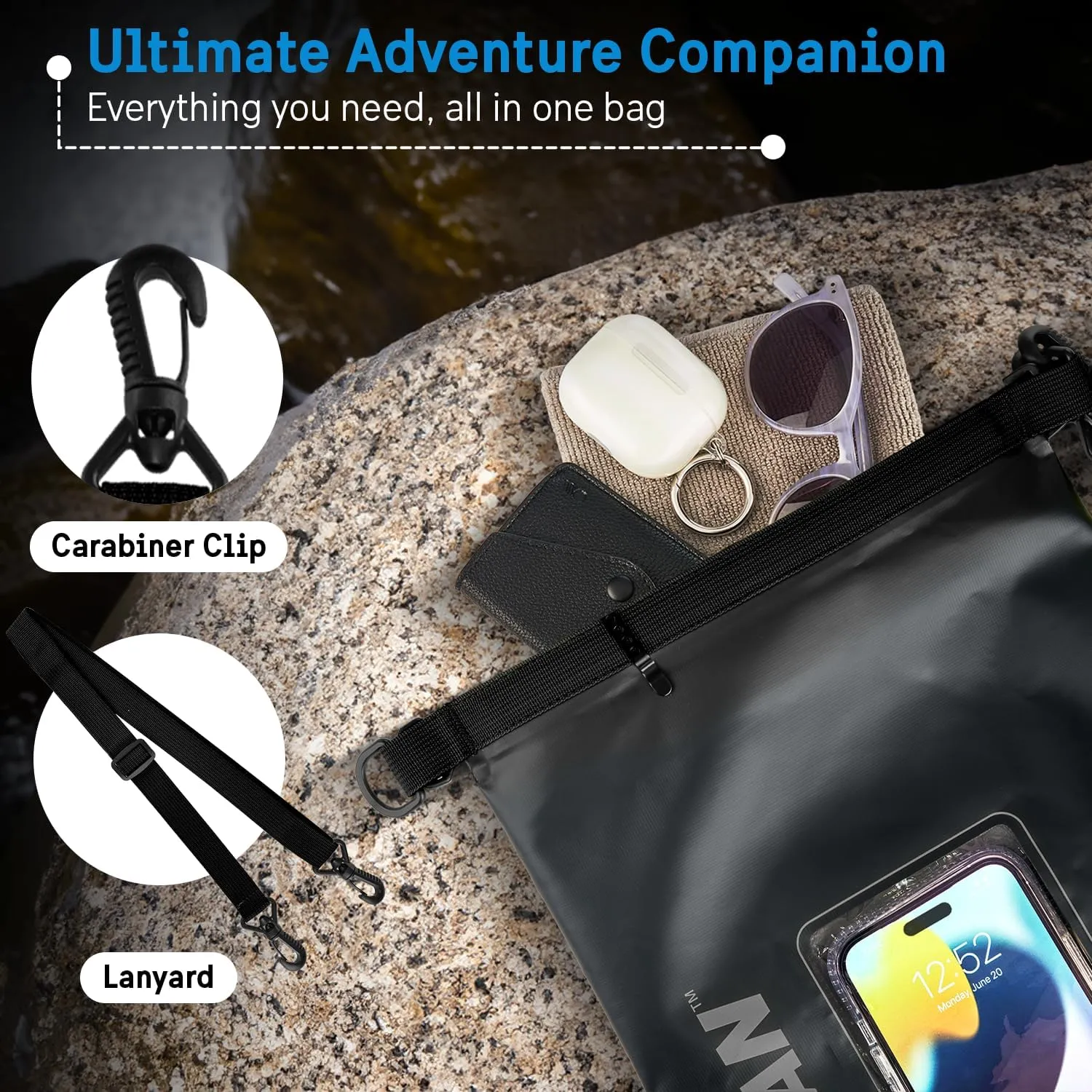 Pelican Marine IP68 Waterproof Dry Bag 5L - Roll Top Waterproof Backpack w/Phone Case/Pouch - Boating & Kayak Accessories - Essentials for Camping Swimming Beach Fishing Rafting Travel - Black