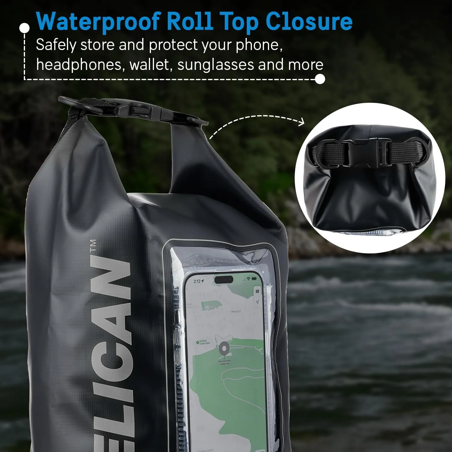 Pelican Marine IP68 Waterproof Dry Bag 5L - Roll Top Waterproof Backpack w/Phone Case/Pouch - Boating & Kayak Accessories - Essentials for Camping Swimming Beach Fishing Rafting Travel - Black