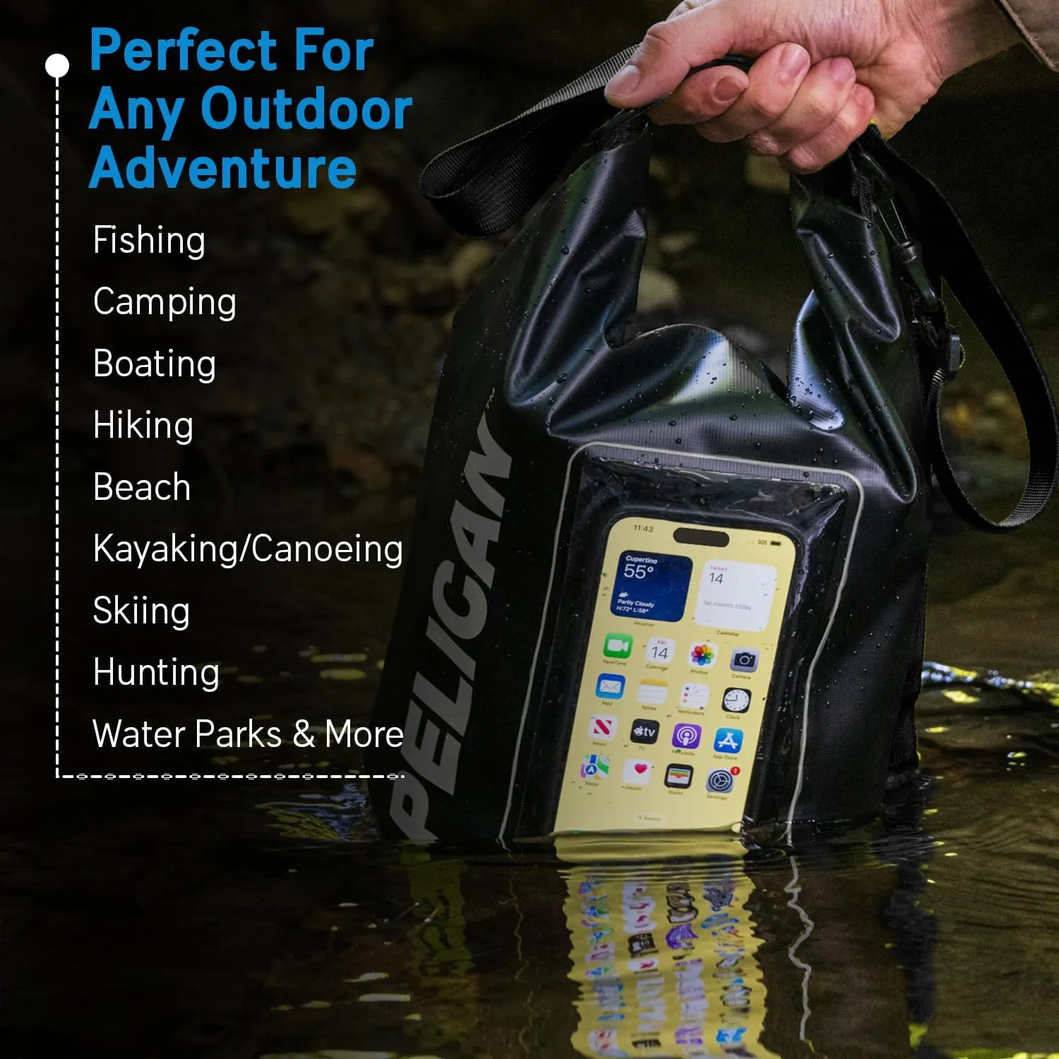 Pelican Marine IP68 Waterproof Dry Bag 5L - Roll Top Waterproof Backpack w/Phone Case/Pouch - Boating & Kayak Accessories - Essentials for Camping Swimming Beach Fishing Rafting Travel - Black