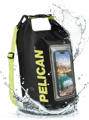 Pelican Marine IP68 Waterproof Dry Bag 5L - Roll Top Waterproof Backpack w/Phone Case/Pouch - Boating & Kayak Accessories - Essentials for Camping Swimming Beach Fishing Rafting Travel - Black/Yellow