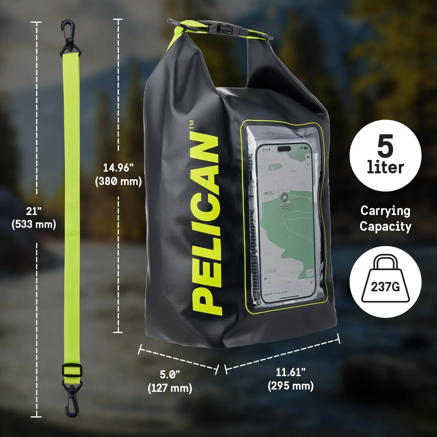 Pelican Marine IP68 Waterproof Dry Bag 5L - Roll Top Waterproof Backpack w/Phone Case/Pouch - Boating & Kayak Accessories - Essentials for Camping Swimming Beach Fishing Rafting Travel - Black/Yellow