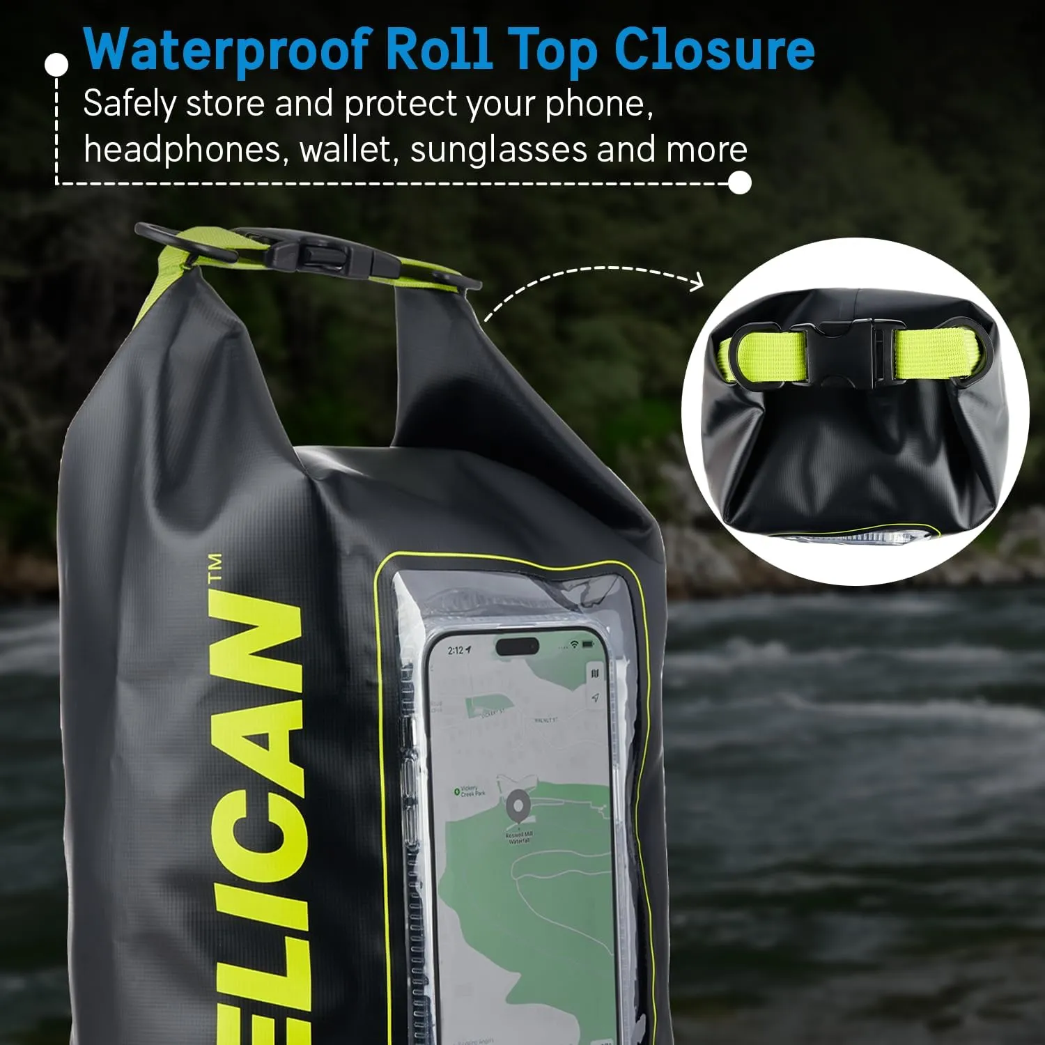 Pelican Marine IP68 Waterproof Dry Bag 5L - Roll Top Waterproof Backpack w/Phone Case/Pouch - Boating & Kayak Accessories - Essentials for Camping Swimming Beach Fishing Rafting Travel - Black/Yellow