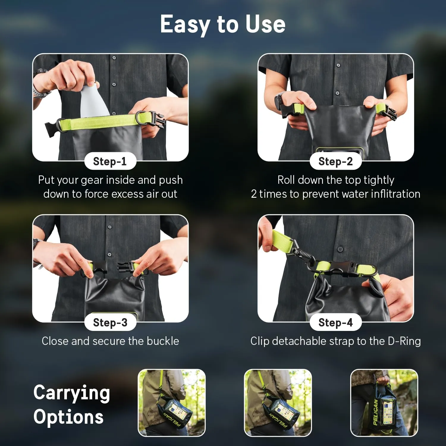Pelican Marine IP68 Waterproof Dry Bag 5L - Roll Top Waterproof Backpack w/Phone Case/Pouch - Boating & Kayak Accessories - Essentials for Camping Swimming Beach Fishing Rafting Travel - Black/Yellow