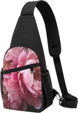 Peony Flowers Blossom Printed Chest Bag Chest Shoulder Crossbody Bag for Men Women Travel Chest Pack Hiking Shoulder Bags, Black, One Size, Hiking Backpack