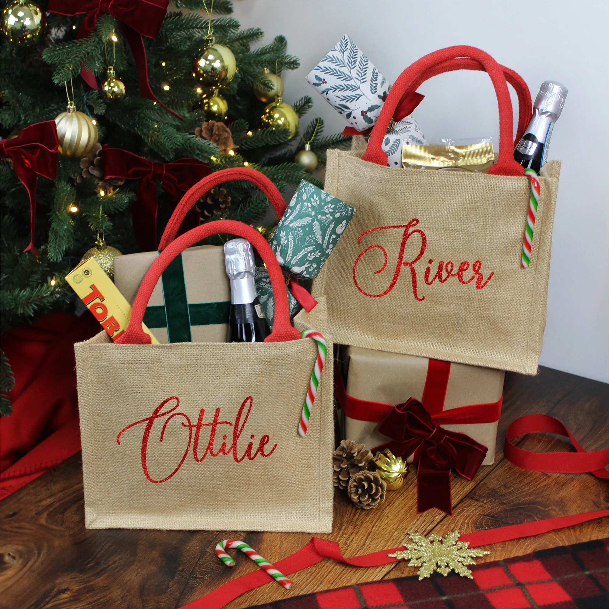 Personalised Natural & Red Christmas Jute Gift Bag