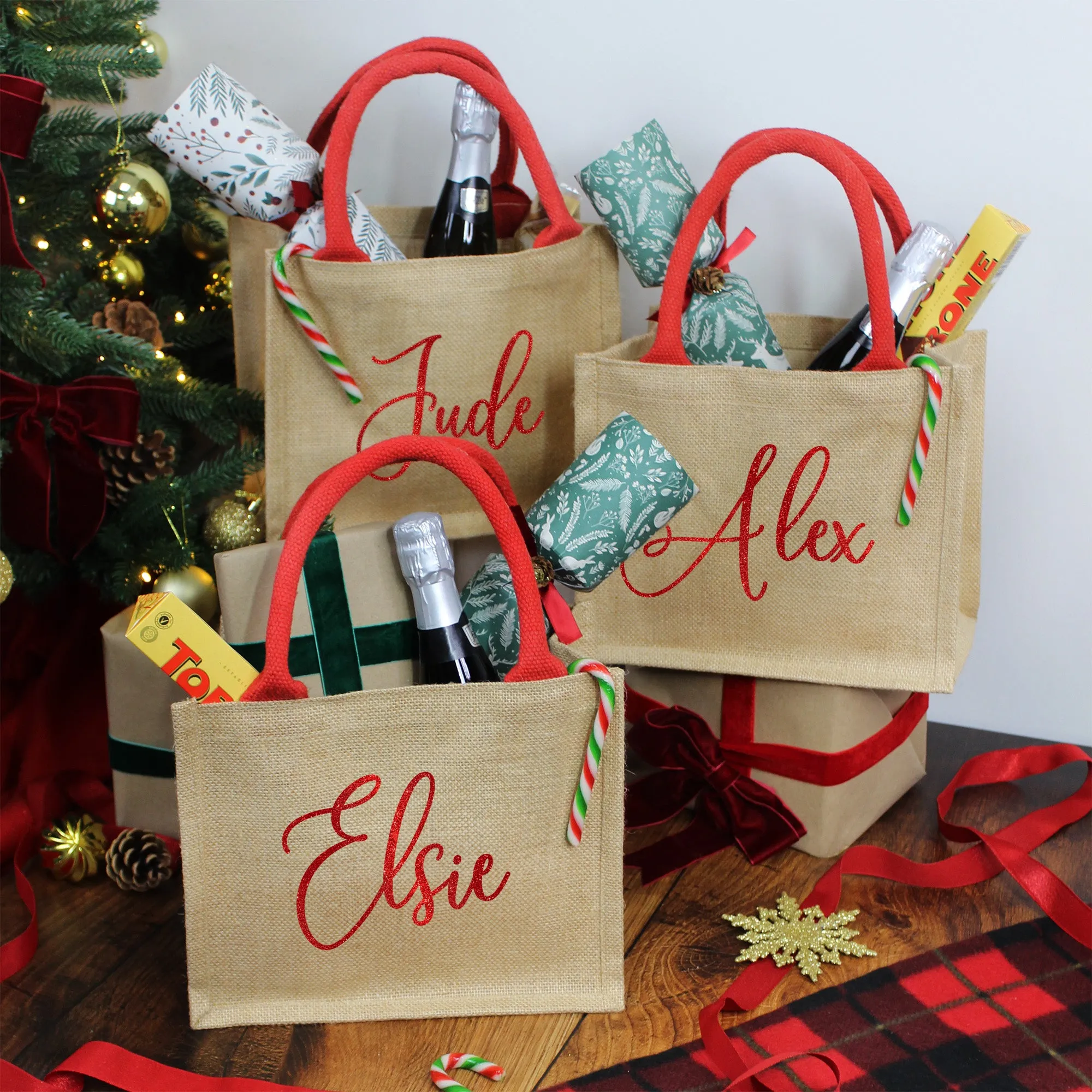 Personalised Natural & Red Christmas Jute Gift Bag