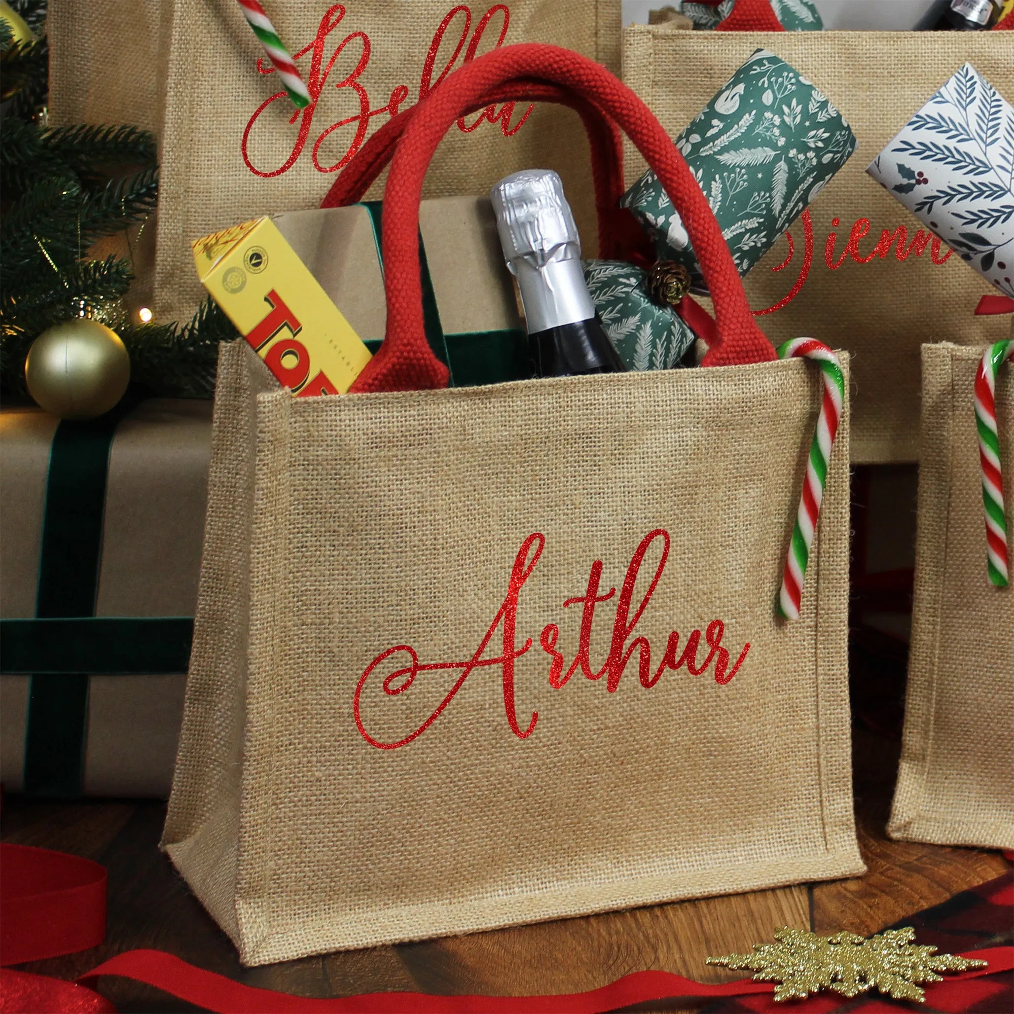 Personalised Natural & Red Christmas Jute Gift Bag