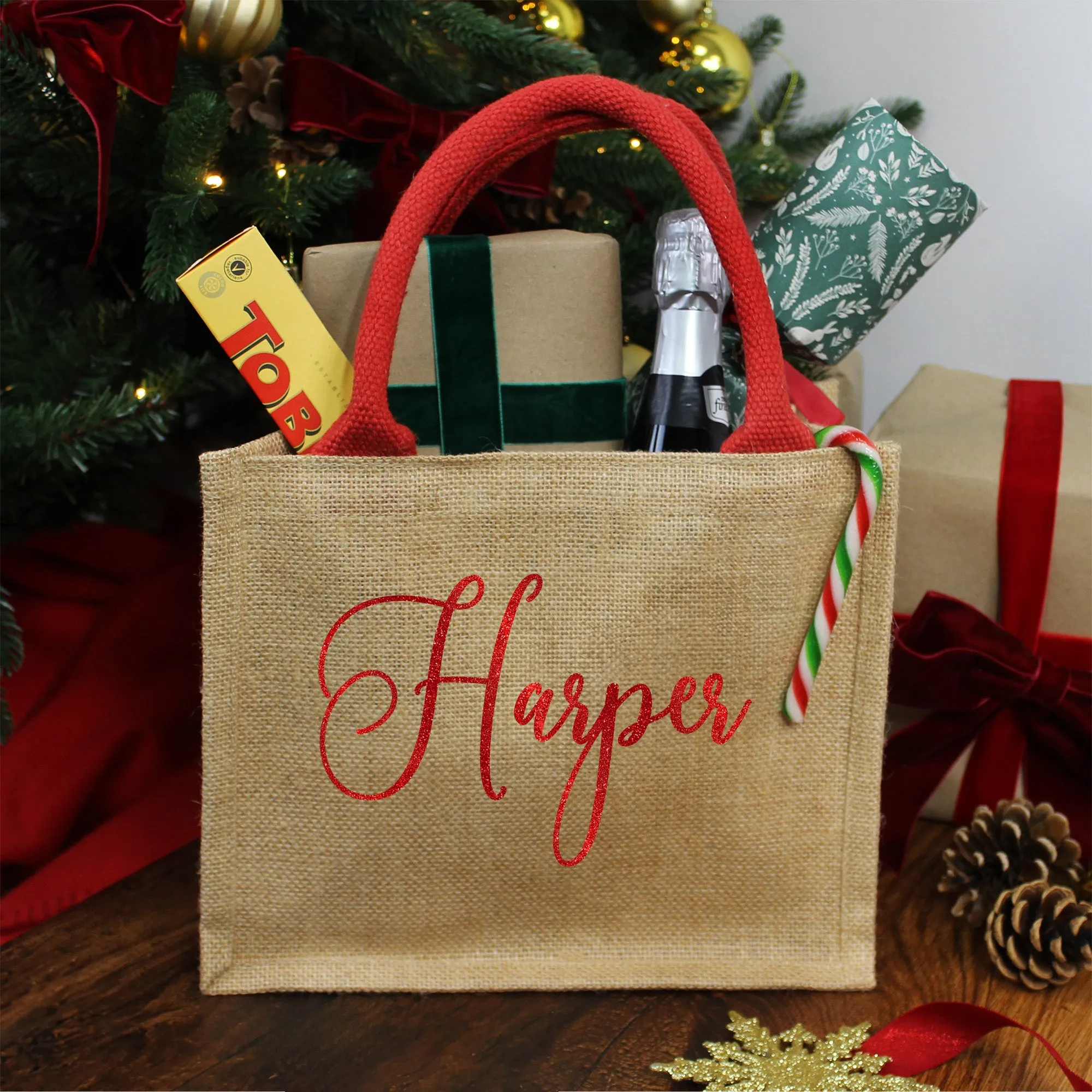 Personalised Natural & Red Christmas Jute Gift Bag