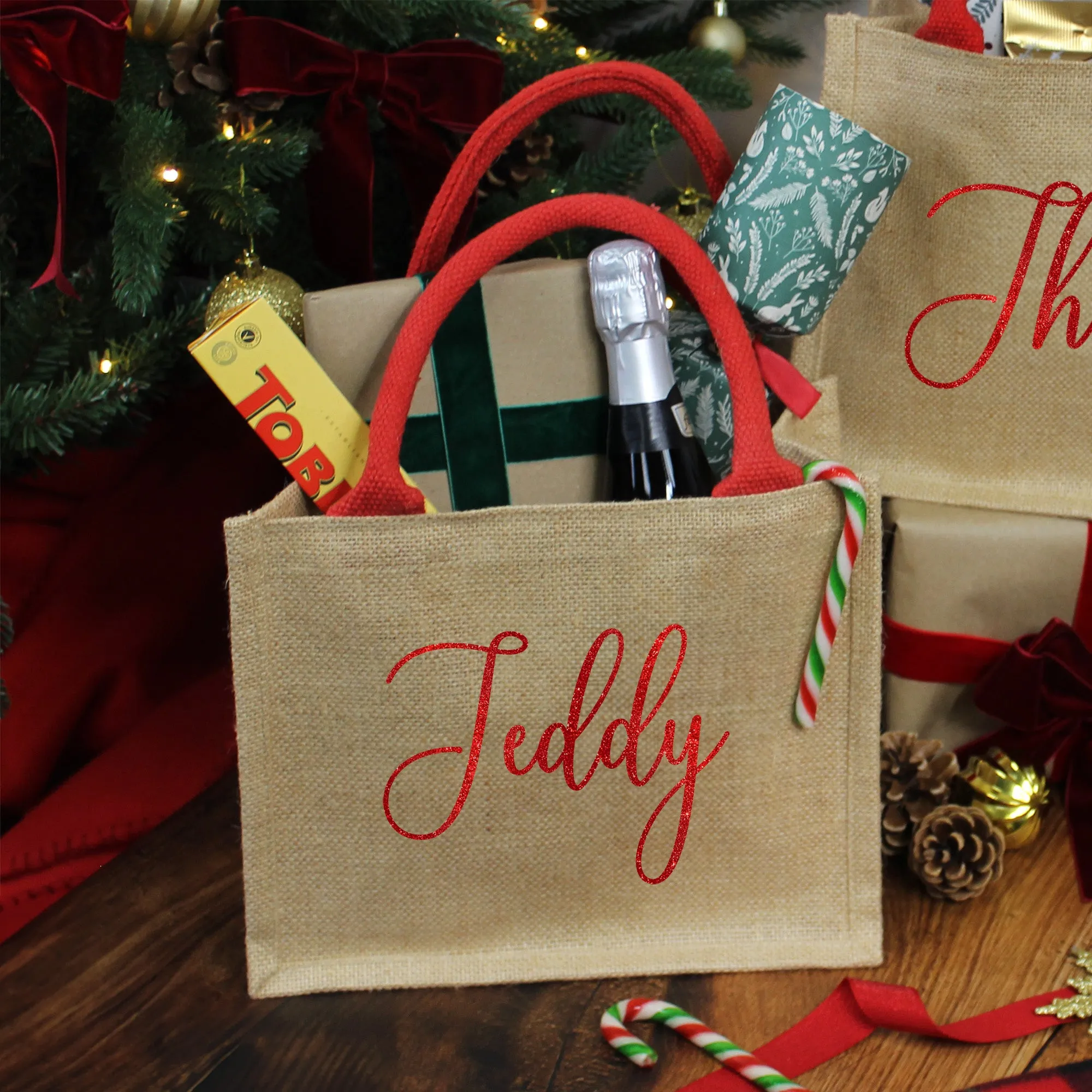 Personalised Natural & Red Christmas Jute Gift Bag