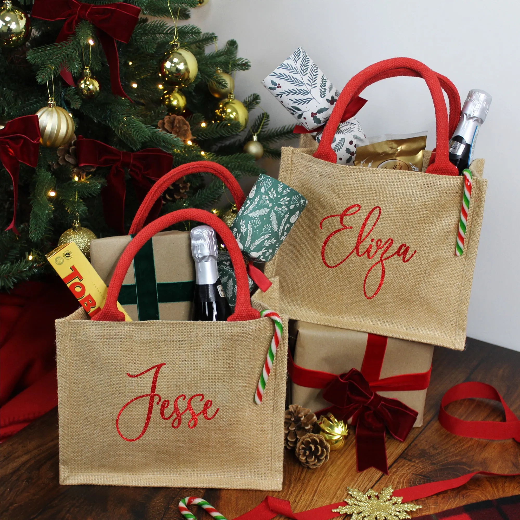 Personalised Natural & Red Christmas Jute Gift Bag