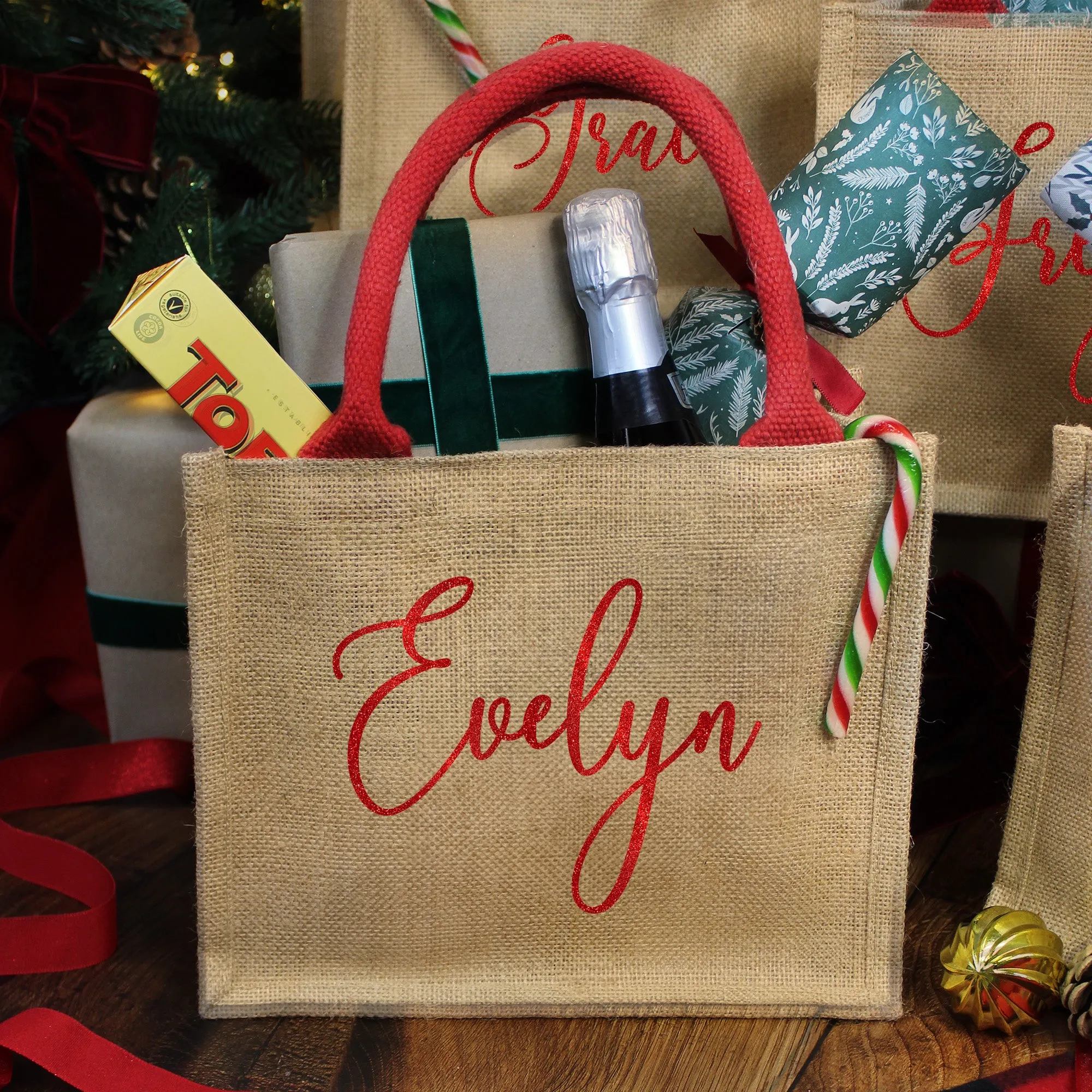 Personalised Natural & Red Christmas Jute Gift Bag