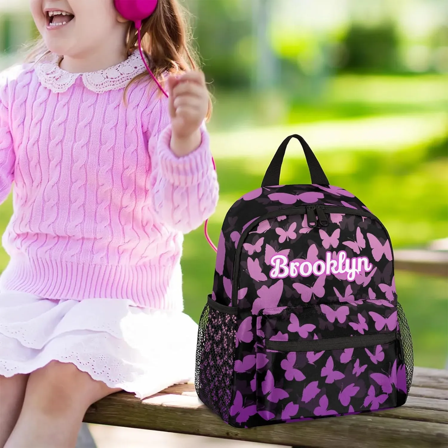 Personalized Butterfly Backpack with Name Custom Shoulder Bags for Women Men Waterproof Travel Casual Daypack Laptop Bag Gifts 12in, Pink Purple