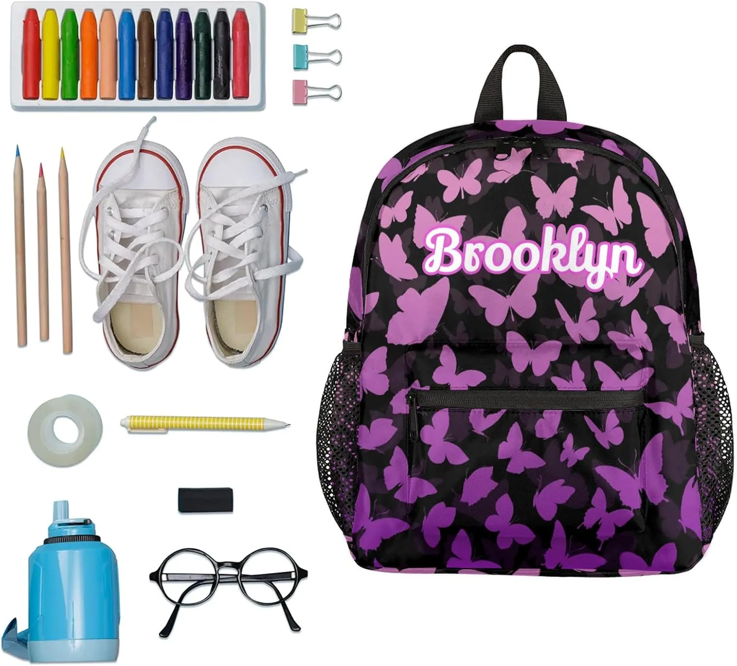 Personalized Butterfly Backpack with Name Custom Shoulder Bags for Women Men Waterproof Travel Casual Daypack Laptop Bag Gifts 12in, Pink Purple