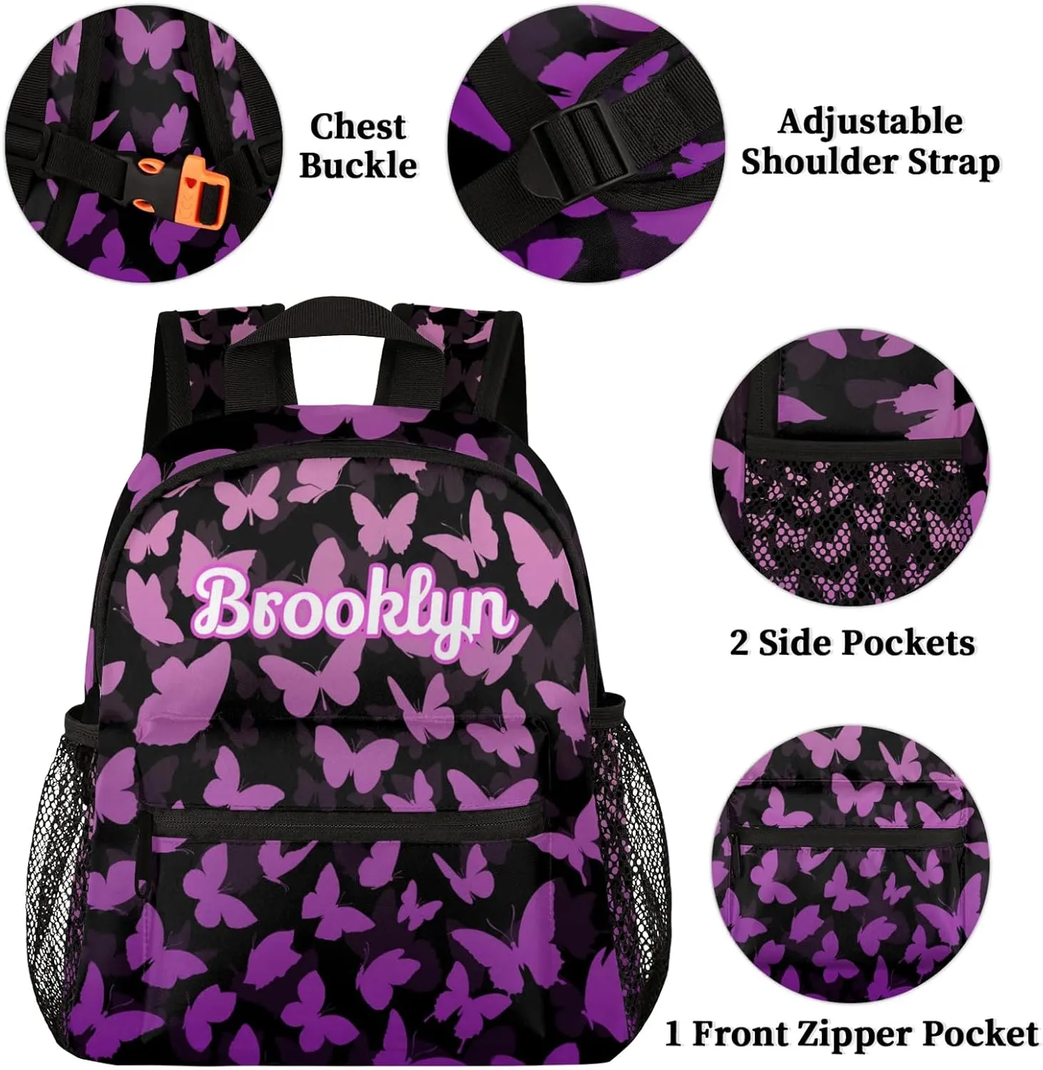 Personalized Butterfly Backpack with Name Custom Shoulder Bags for Women Men Waterproof Travel Casual Daypack Laptop Bag Gifts 12in, Pink Purple