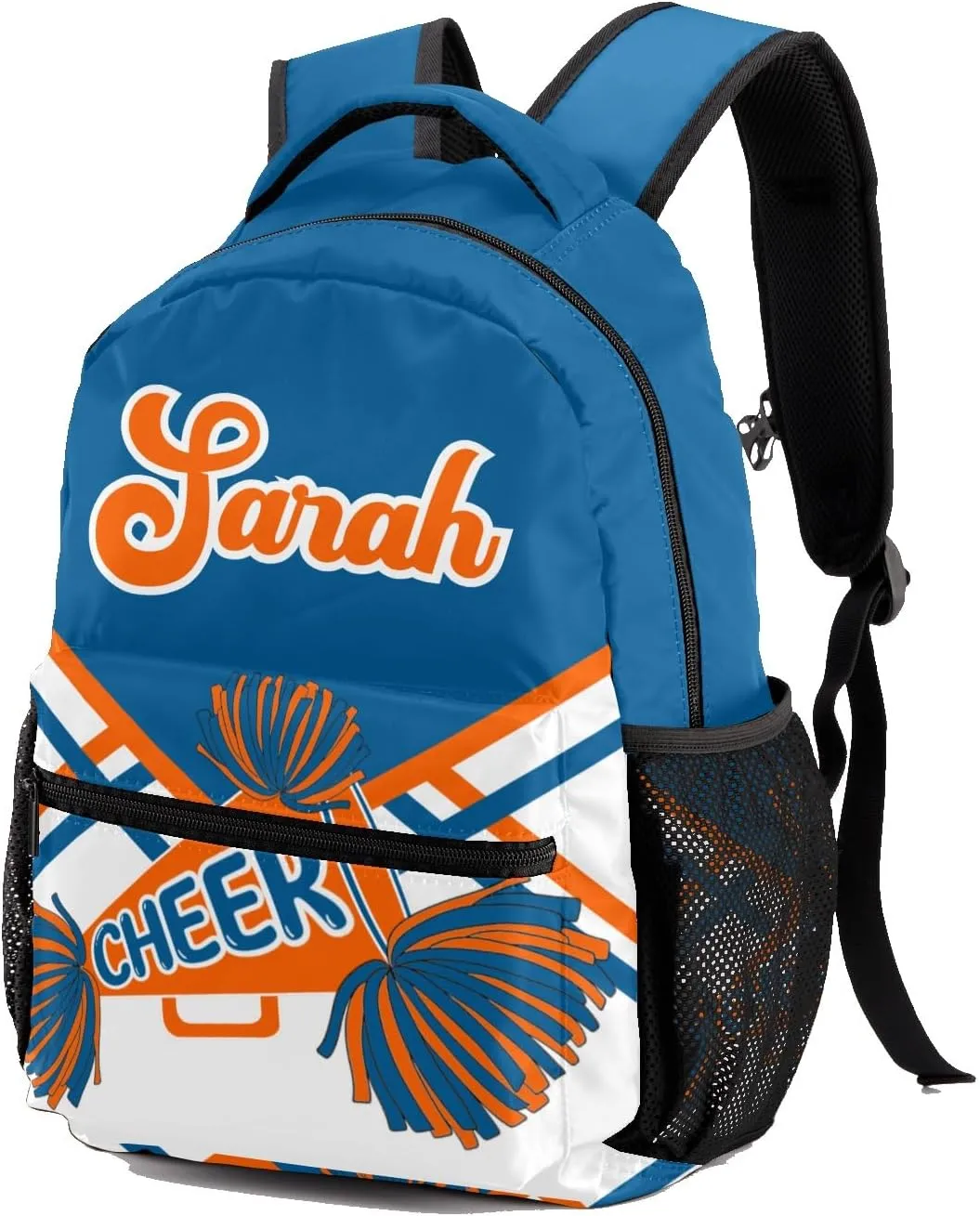 Personalized Cheer Blue Orange Cheerleadings Pom Bags with Name Bag Waterproof Backpack Unisex Schoolbag Gift Casual Pack for Student Boys Girls