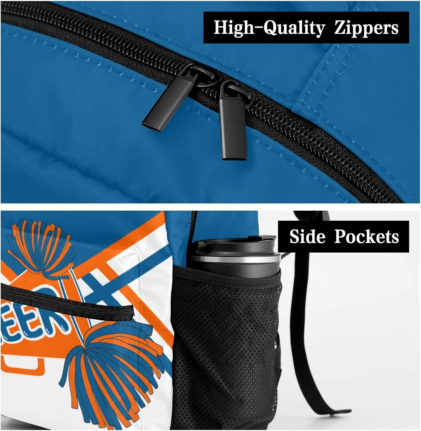 Personalized Cheer Blue Orange Cheerleadings Pom Bags with Name Bag Waterproof Backpack Unisex Schoolbag Gift Casual Pack for Student Boys Girls