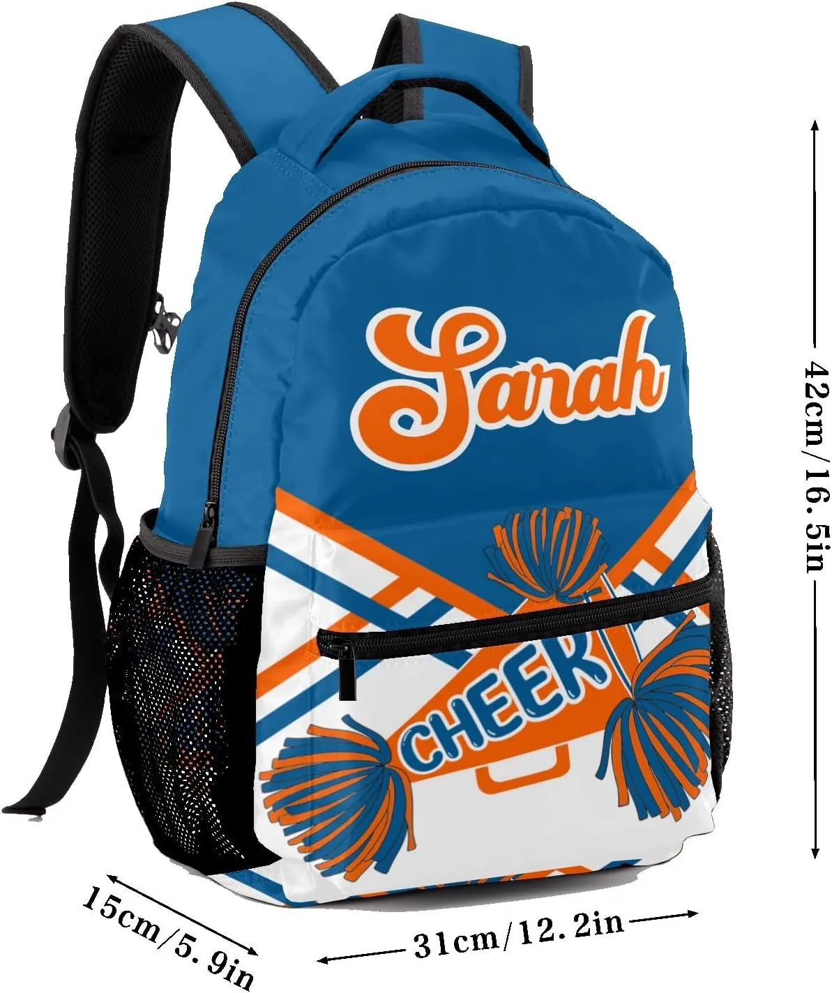Personalized Cheer Blue Orange Cheerleadings Pom Bags with Name Bag Waterproof Backpack Unisex Schoolbag Gift Casual Pack for Student Boys Girls
