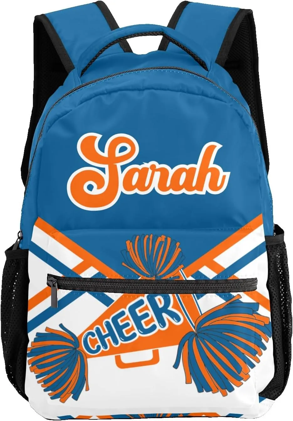 Personalized Cheer Blue Orange Cheerleadings Pom Bags with Name Bag Waterproof Backpack Unisex Schoolbag Gift Casual Pack for Student Boys Girls