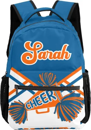 Personalized Cheer Blue Orange Cheerleadings Pom Bags with Name Bag Waterproof Backpack Unisex Schoolbag Gift Casual Pack for Student Boys Girls