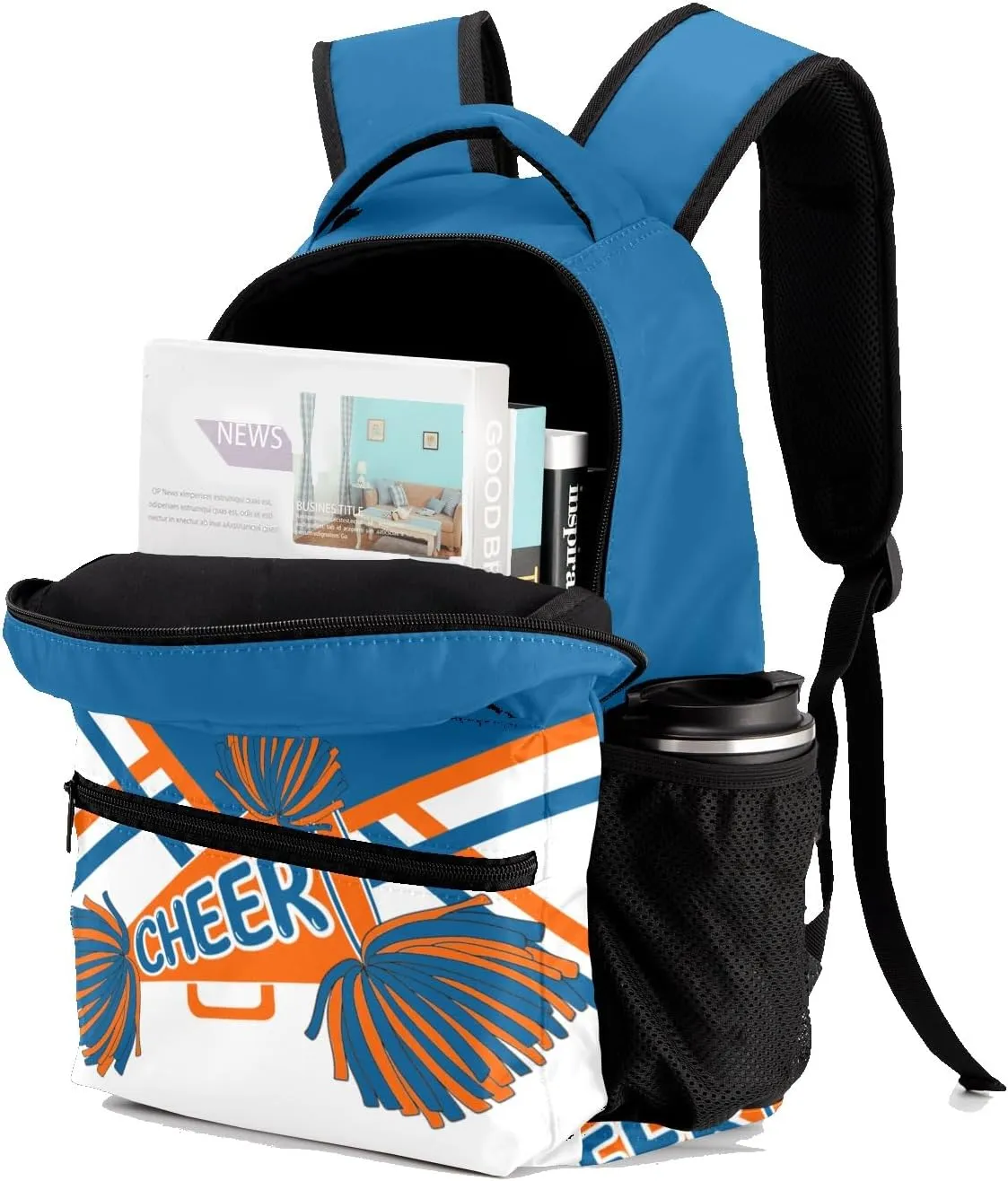 Personalized Cheer Blue Orange Cheerleadings Pom Bags with Name Bag Waterproof Backpack Unisex Schoolbag Gift Casual Pack for Student Boys Girls