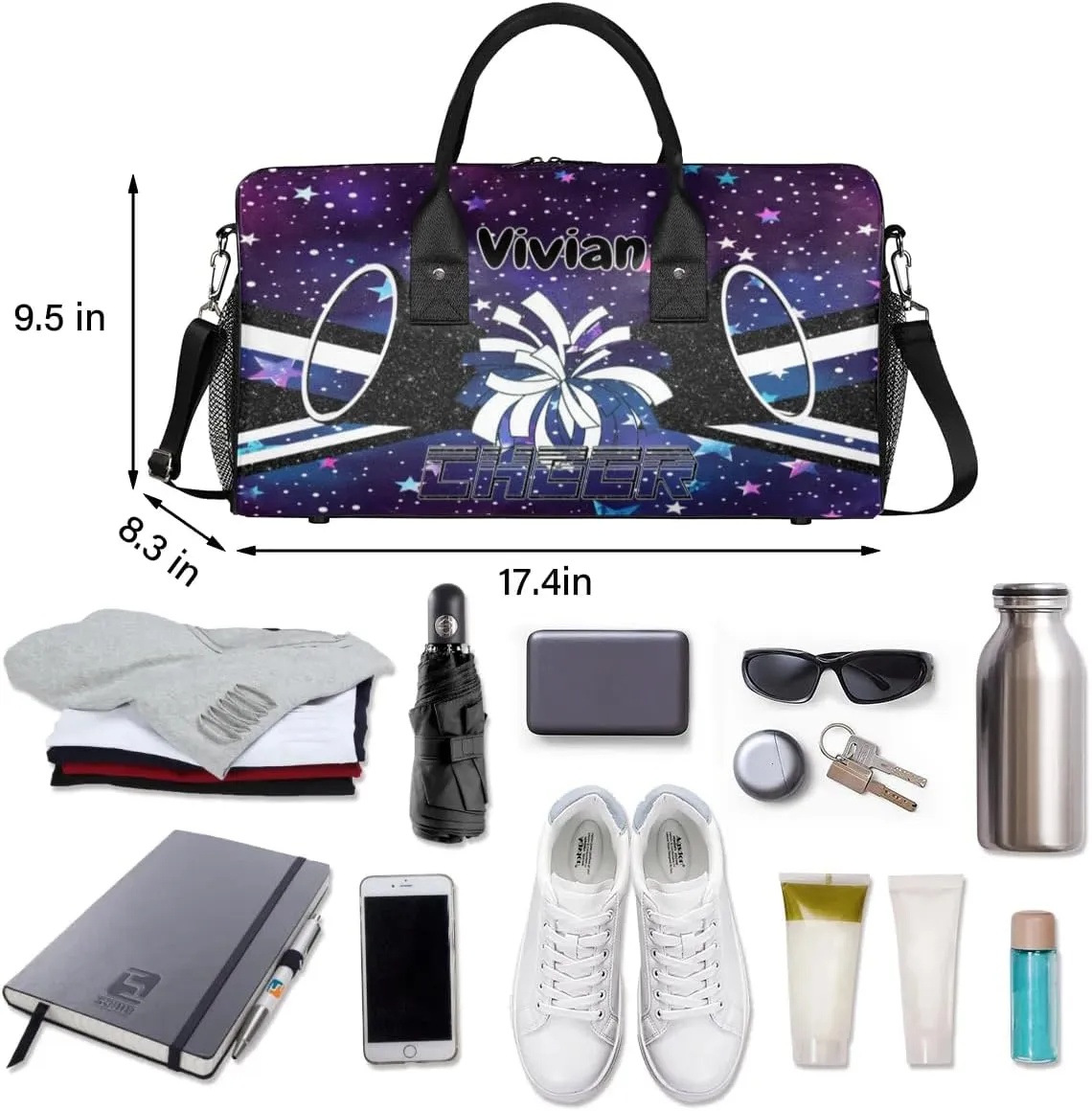 Personalized Cheerleader Cheer Bag Sport Duffel Bag with Name for Cheerleaders Customized Travel Overnight Weekender Bags, Colorful Star Glitter Bags