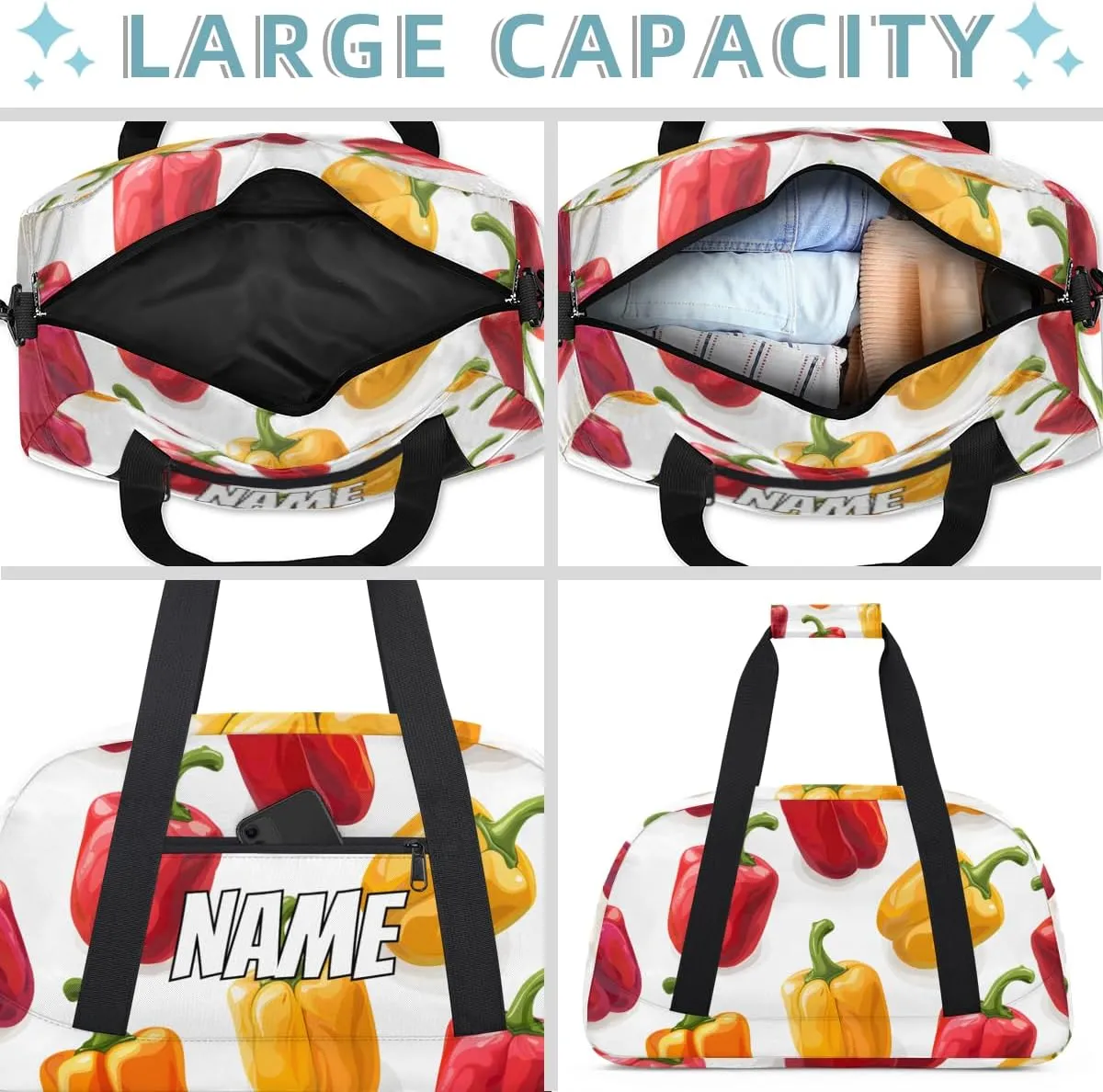 Personalized Custom Gym Bag for Women Men Carry on Chili Peppers Travel Duffel Tote Cartoon Vegetables Overnight Workout Weekender Bag
