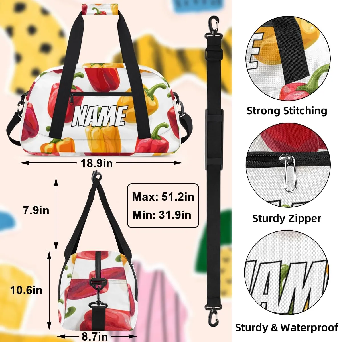 Personalized Custom Gym Bag for Women Men Carry on Chili Peppers Travel Duffel Tote Cartoon Vegetables Overnight Workout Weekender Bag