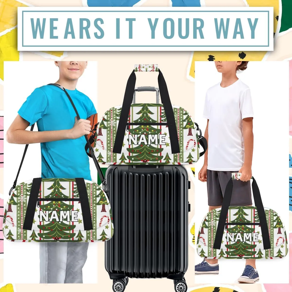 Personalized Custom Gym Bag for Women Men Carry on Christmas Holidays Travel Duffel Tote Pine Tree Overnight Workout Weekender Bag