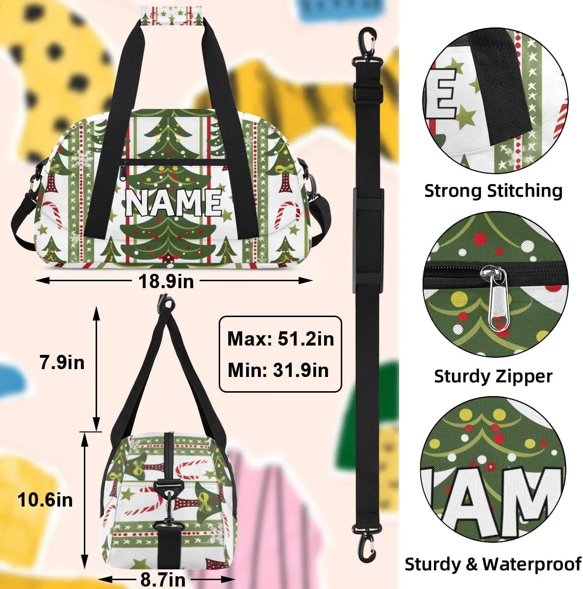 Personalized Custom Gym Bag for Women Men Carry on Christmas Holidays Travel Duffel Tote Pine Tree Overnight Workout Weekender Bag