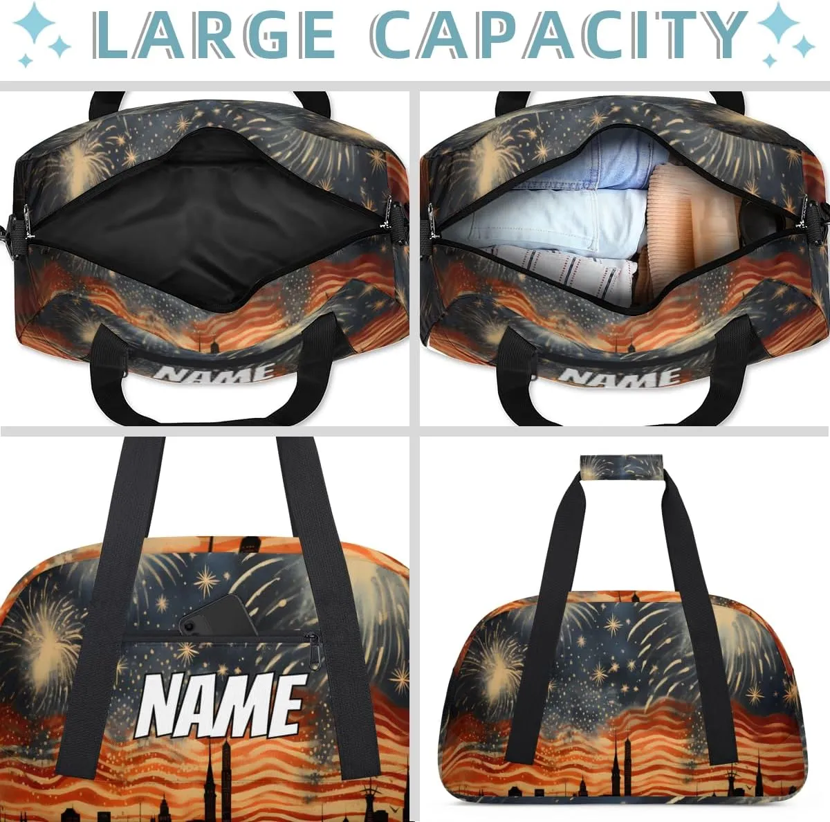 Personalized Custom Gym Bag for Women Men Carry on Colorful Fireworks Travel Duffel Tote America July 4th Overnight Workout Weekender Bag