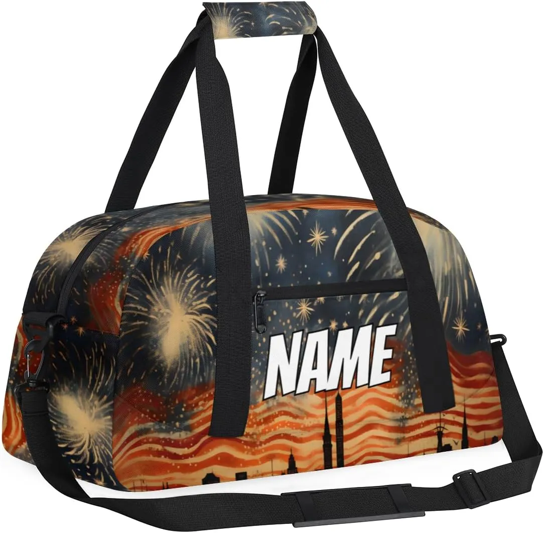 Personalized Custom Gym Bag for Women Men Carry on Colorful Fireworks Travel Duffel Tote America July 4th Overnight Workout Weekender Bag