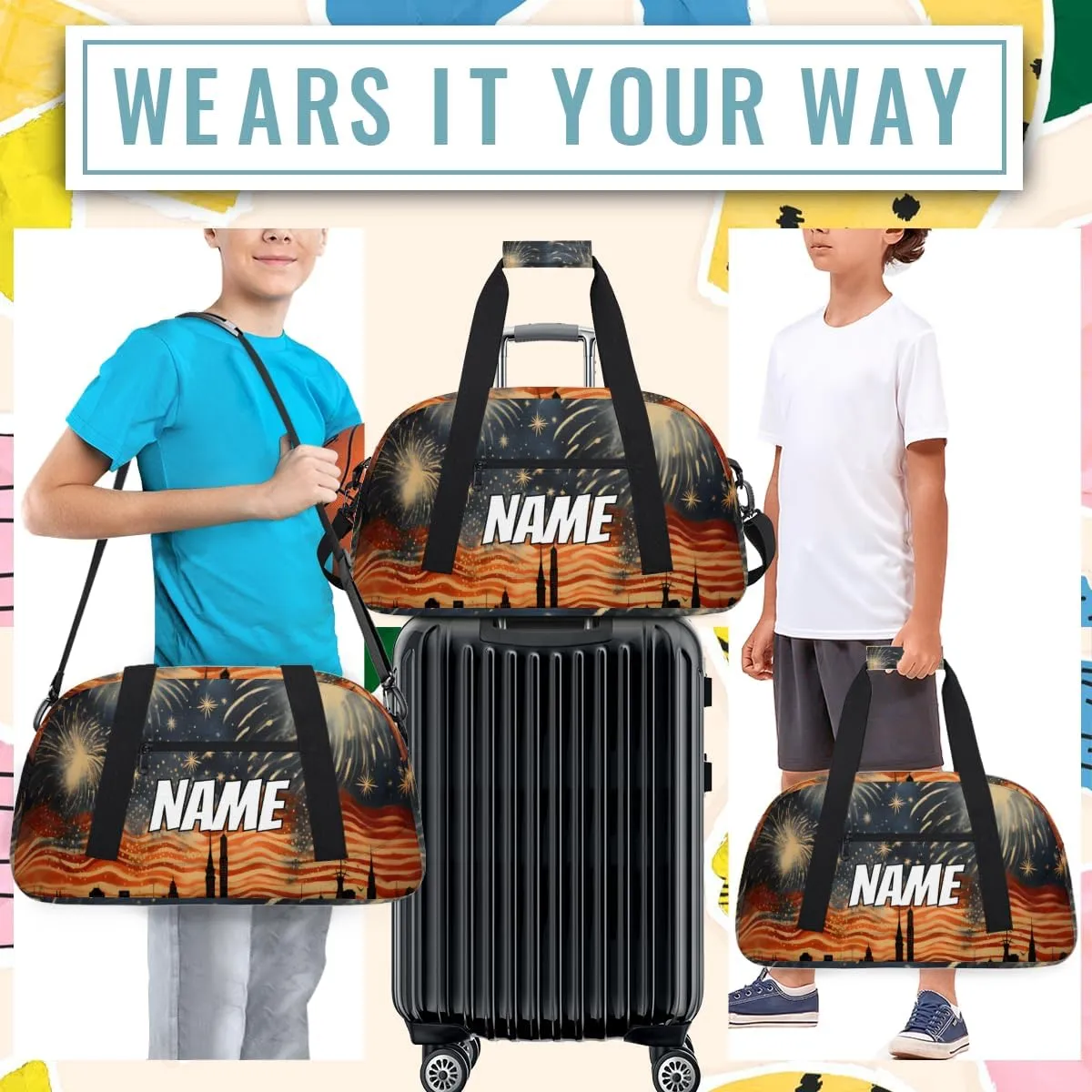 Personalized Custom Gym Bag for Women Men Carry on Colorful Fireworks Travel Duffel Tote America July 4th Overnight Workout Weekender Bag