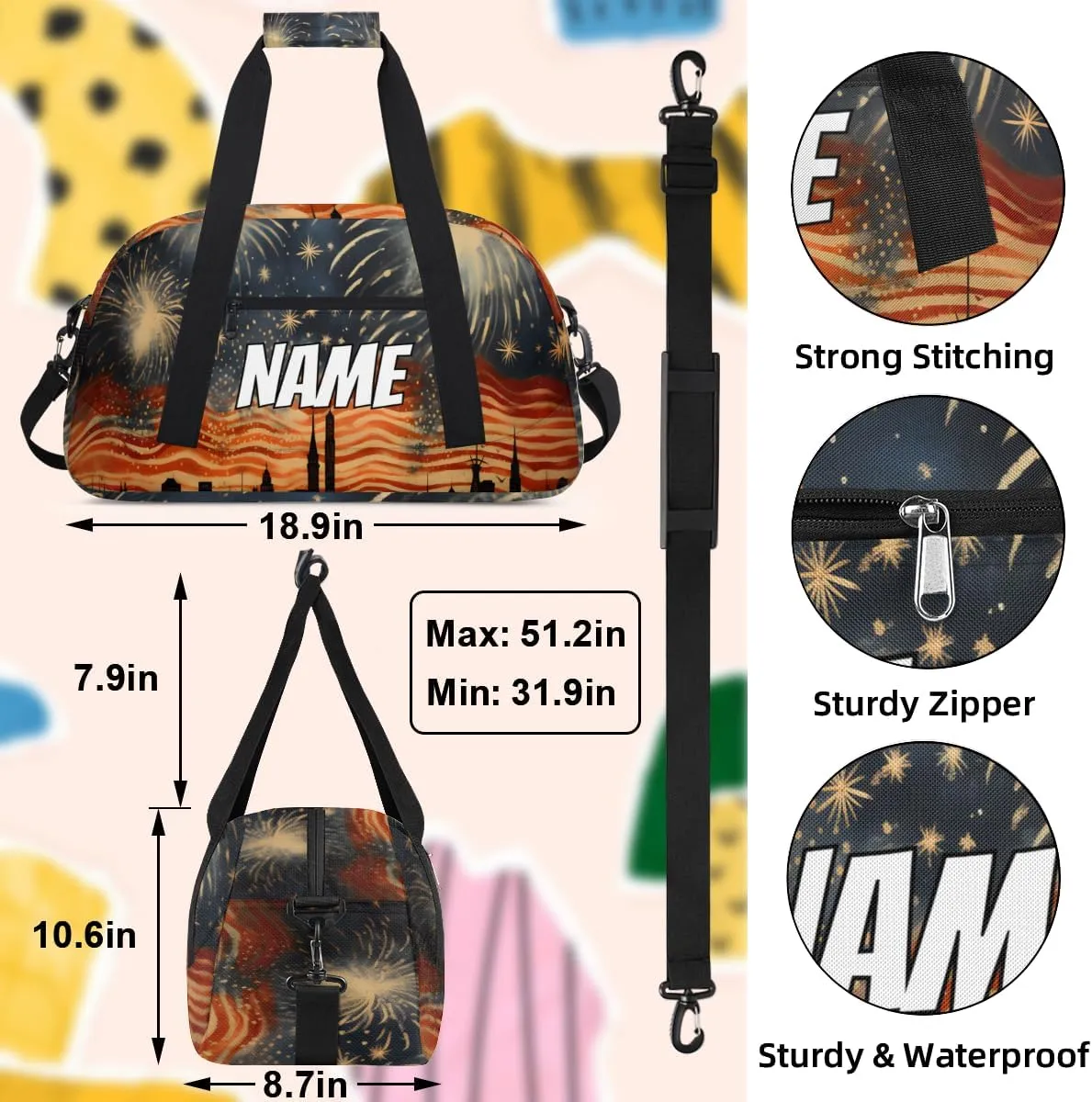 Personalized Custom Gym Bag for Women Men Carry on Colorful Fireworks Travel Duffel Tote America July 4th Overnight Workout Weekender Bag