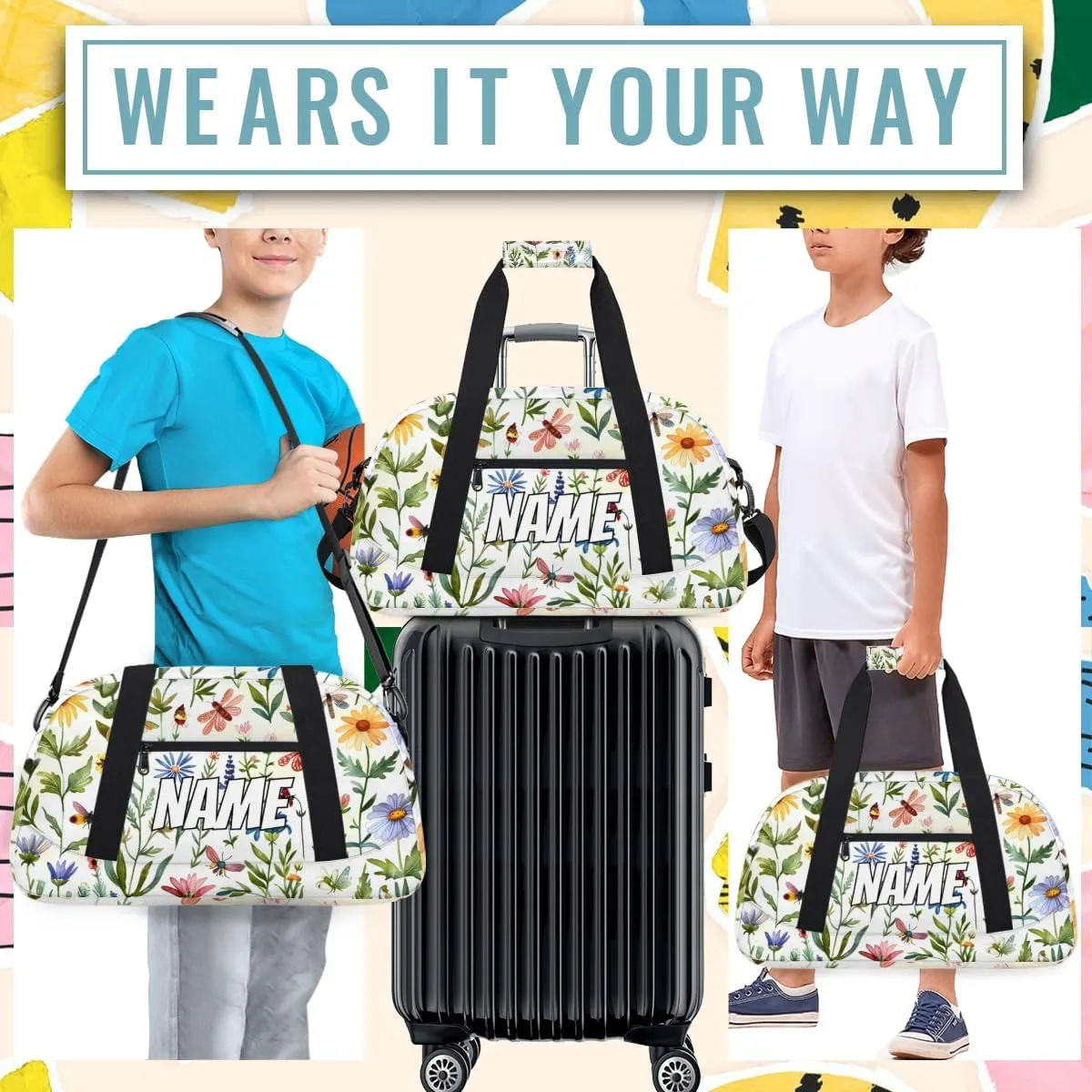 Personalized Custom Gym Bag for Women Men Carry on Spring Wildflowers Travel Duffel Tote Floral Colorful Overnight Workout Weekender Bag
