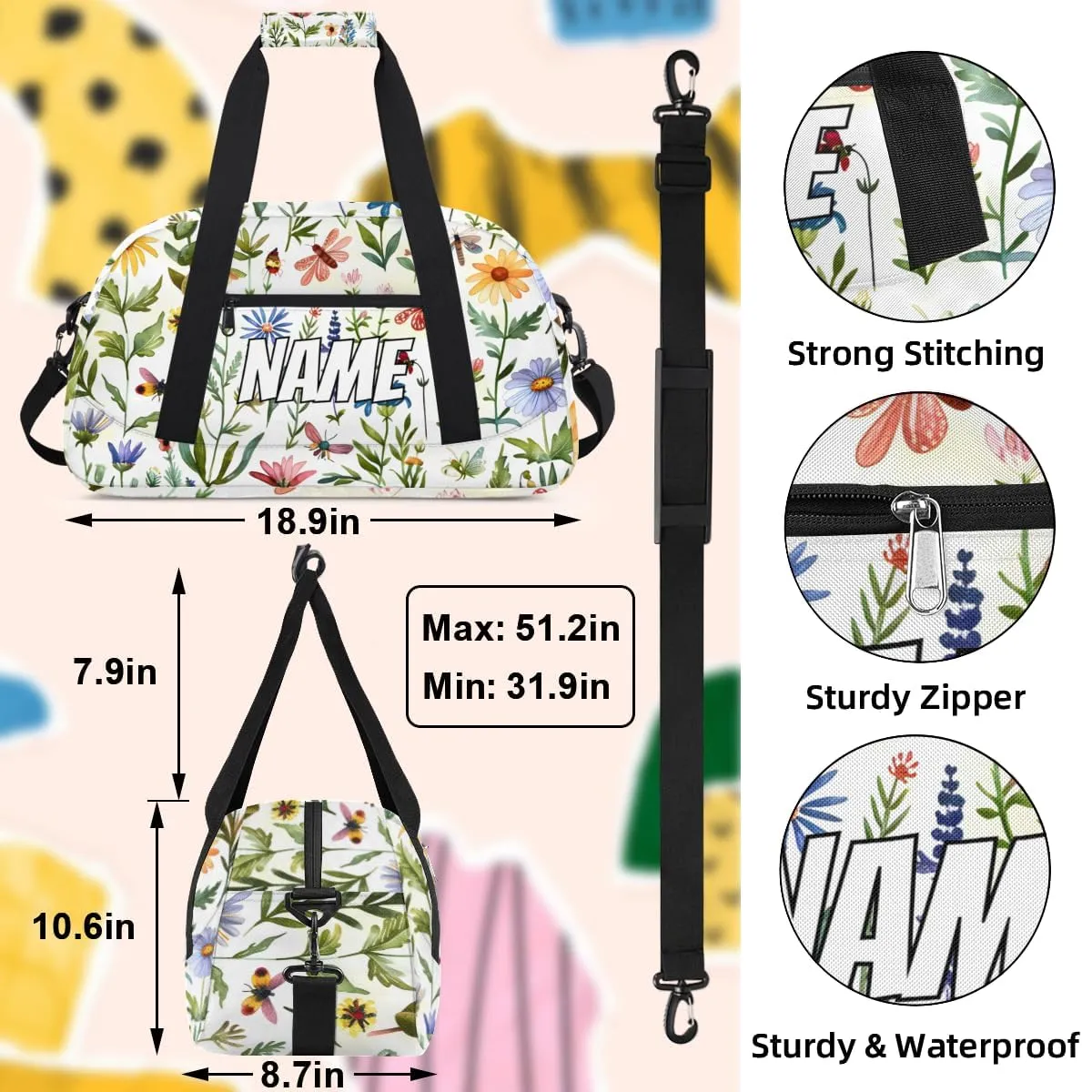 Personalized Custom Gym Bag for Women Men Carry on Spring Wildflowers Travel Duffel Tote Floral Colorful Overnight Workout Weekender Bag