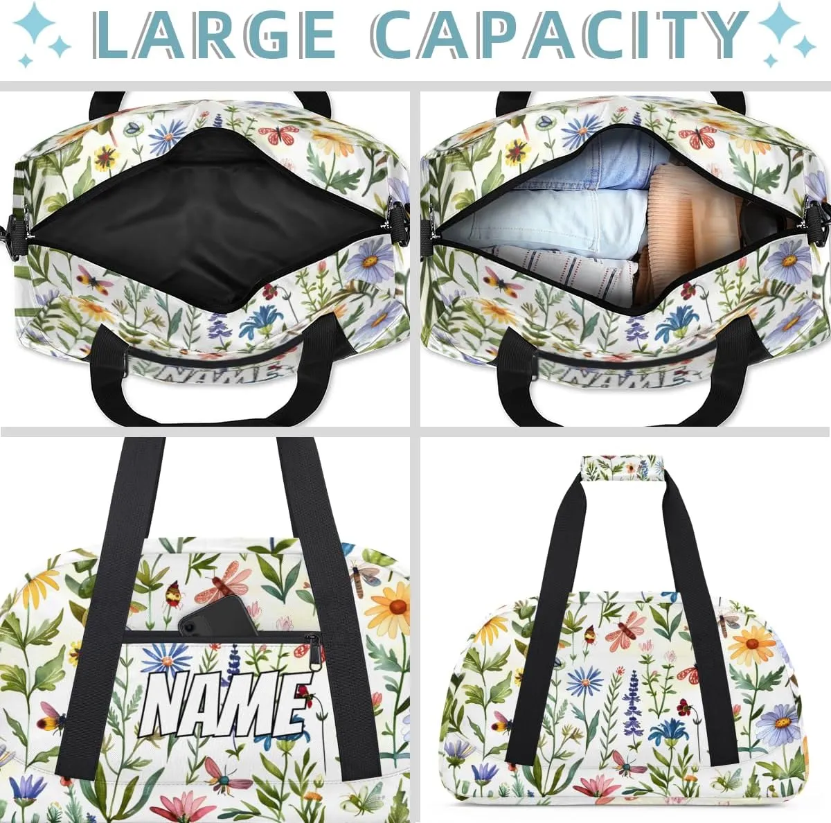 Personalized Custom Gym Bag for Women Men Carry on Spring Wildflowers Travel Duffel Tote Floral Colorful Overnight Workout Weekender Bag