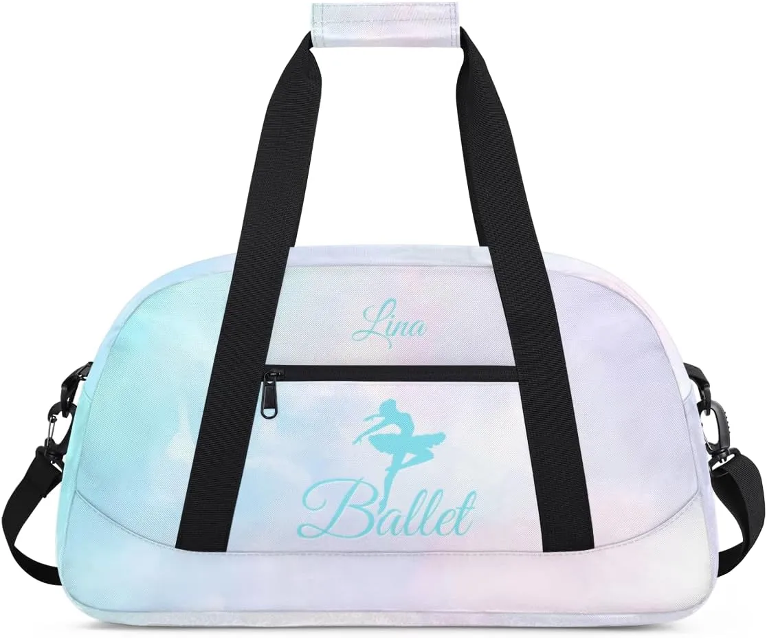 Personalized Dance Bag for Girls Kids, Custom Gym Bag Overnight Small Duffel Bag with Padded Handles Sports Travel Bag for School Practice Gymnastics Ballet, Colorful Clouds Cyan Ballerinas