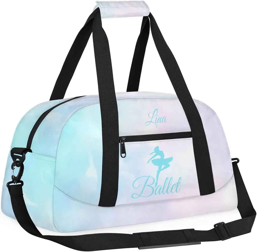 Personalized Dance Bag for Girls Kids, Custom Gym Bag Overnight Small Duffel Bag with Padded Handles Sports Travel Bag for School Practice Gymnastics Ballet, Colorful Clouds Cyan Ballerinas