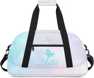 Personalized Dance Bag for Girls Kids, Custom Gym Bag Overnight Small Duffel Bag with Padded Handles Sports Travel Bag for School Practice Gymnastics Ballet, Colorful Clouds Cyan Ballerinas