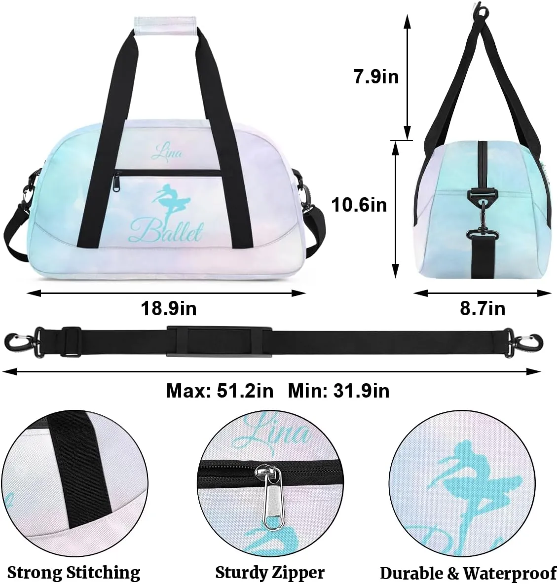 Personalized Dance Bag for Girls Kids, Custom Gym Bag Overnight Small Duffel Bag with Padded Handles Sports Travel Bag for School Practice Gymnastics Ballet, Colorful Clouds Cyan Ballerinas